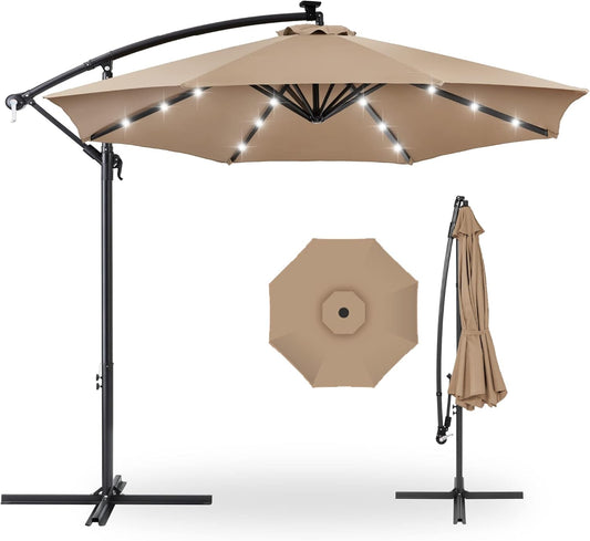 10Ft Solar LED Offset Hanging Market Patio Umbrella for Backyard, Poolside, Lawn and Garden W/Easy Tilt Adjustment, Polyester Shade, 8 Ribs - Tan-0