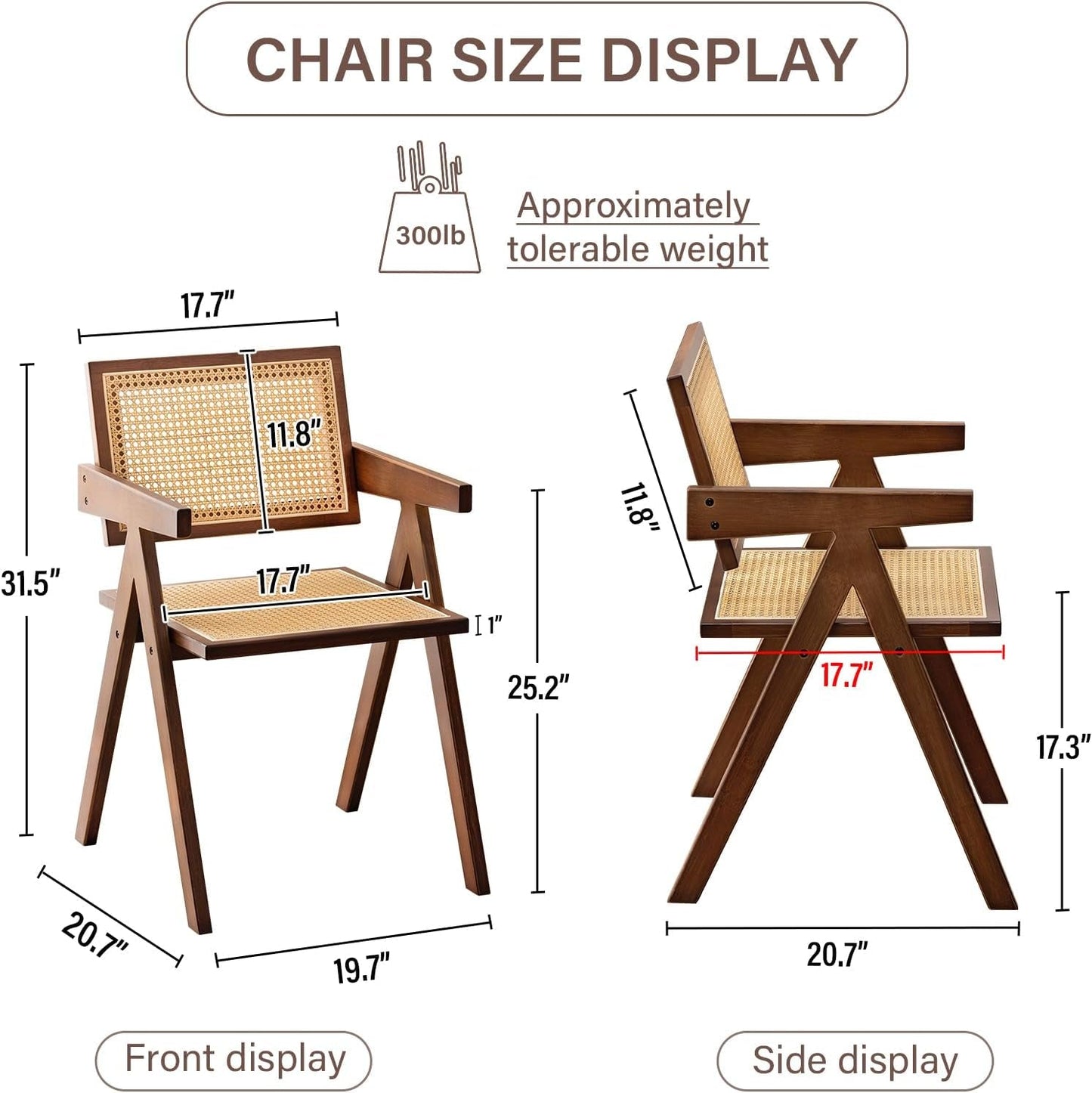 Rattan Dining Chairs Set of 2, Mid Century Modern Armchairs, Wooden Kitchen Chairs for Dining Room, Living Room, Walnut-2