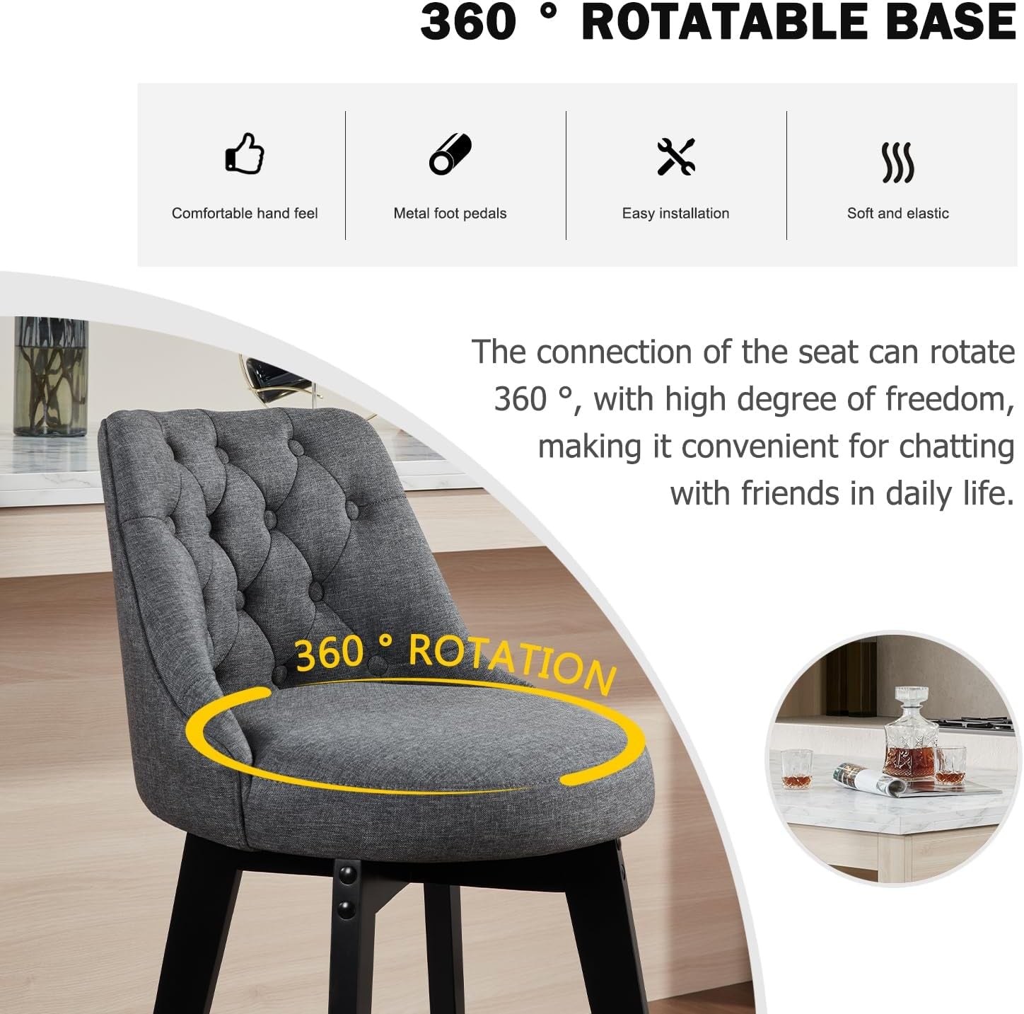 Bar Stools Set of 2, Swivel Barstools with Backs and Wood Legs, 27" Linen Fabric Upholstered Bar Chairs for Kitchen Island, Dining, Cafe, Pub（Grey）-3