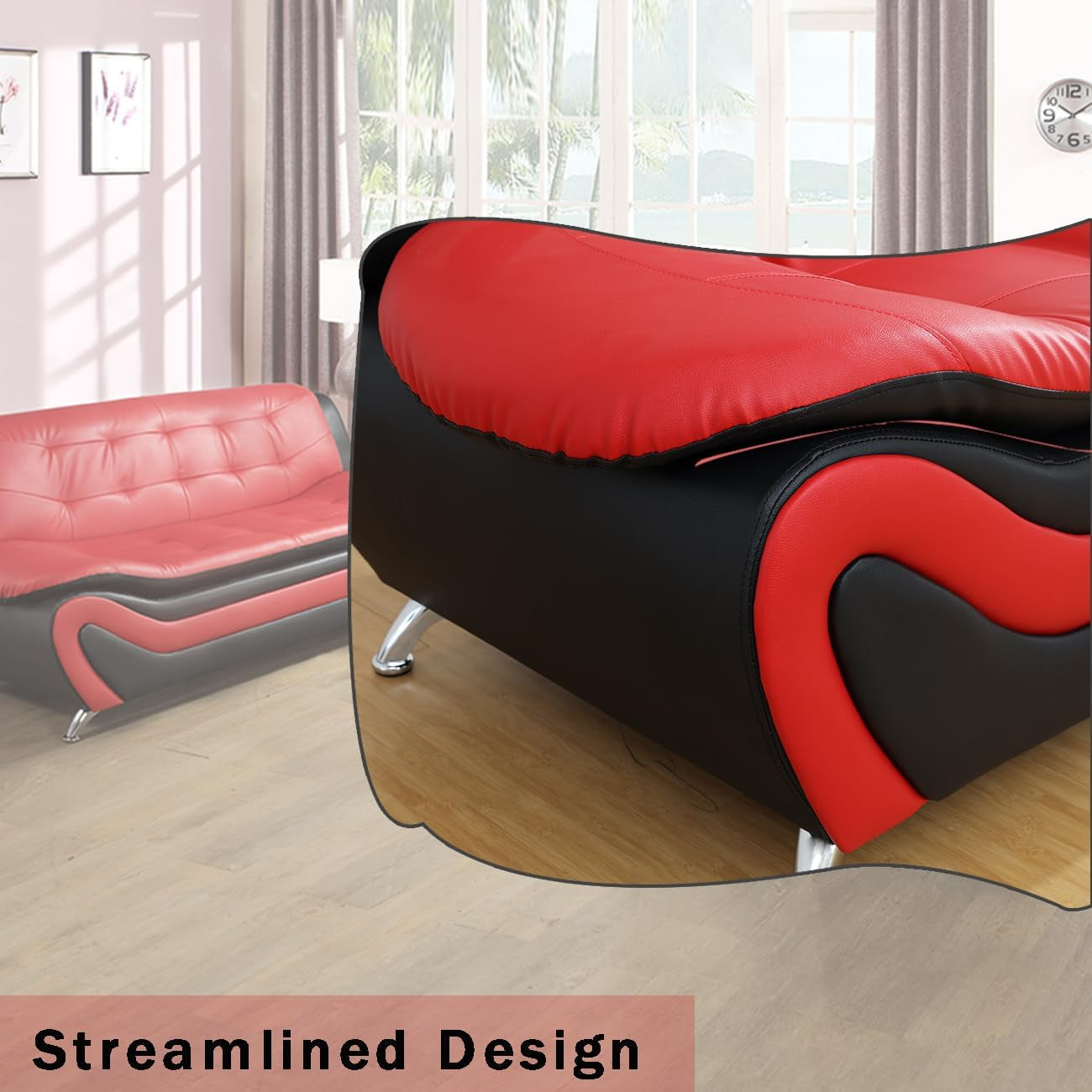 Leather Couches for Living Room, Living Room Couch Set, Sofa for Bedroom, Apartment, Living Room Furniture Sets (A-Leather Black&Red, Chair)-3