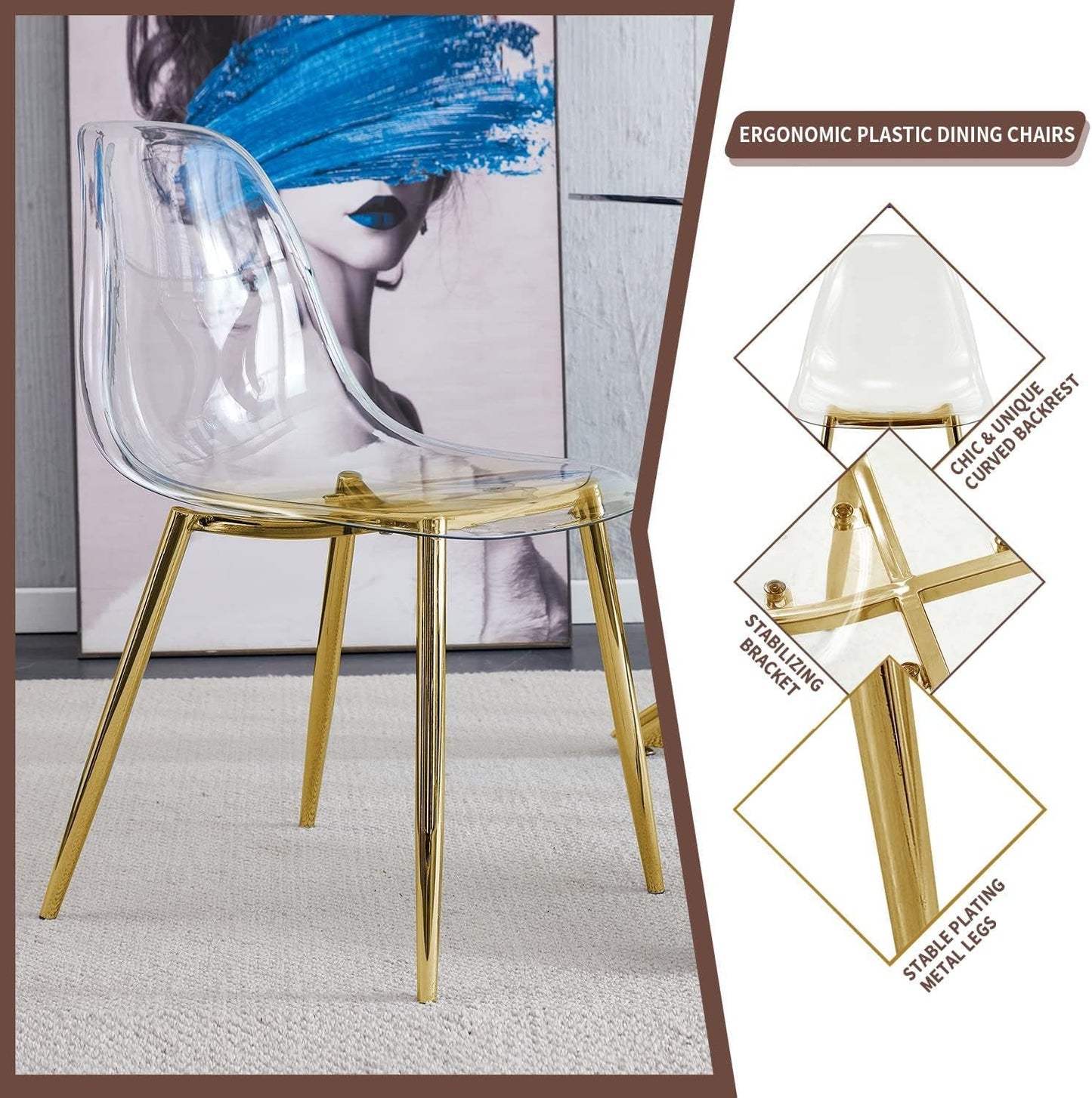Clear Dining Chairs Set of 4, Modern Kitchen Chairs with Transparent Seat, Acrylic Accent Side Chairs with Plating Metal Legs for Dining Room, Kitchen, Living Room with Gold-4