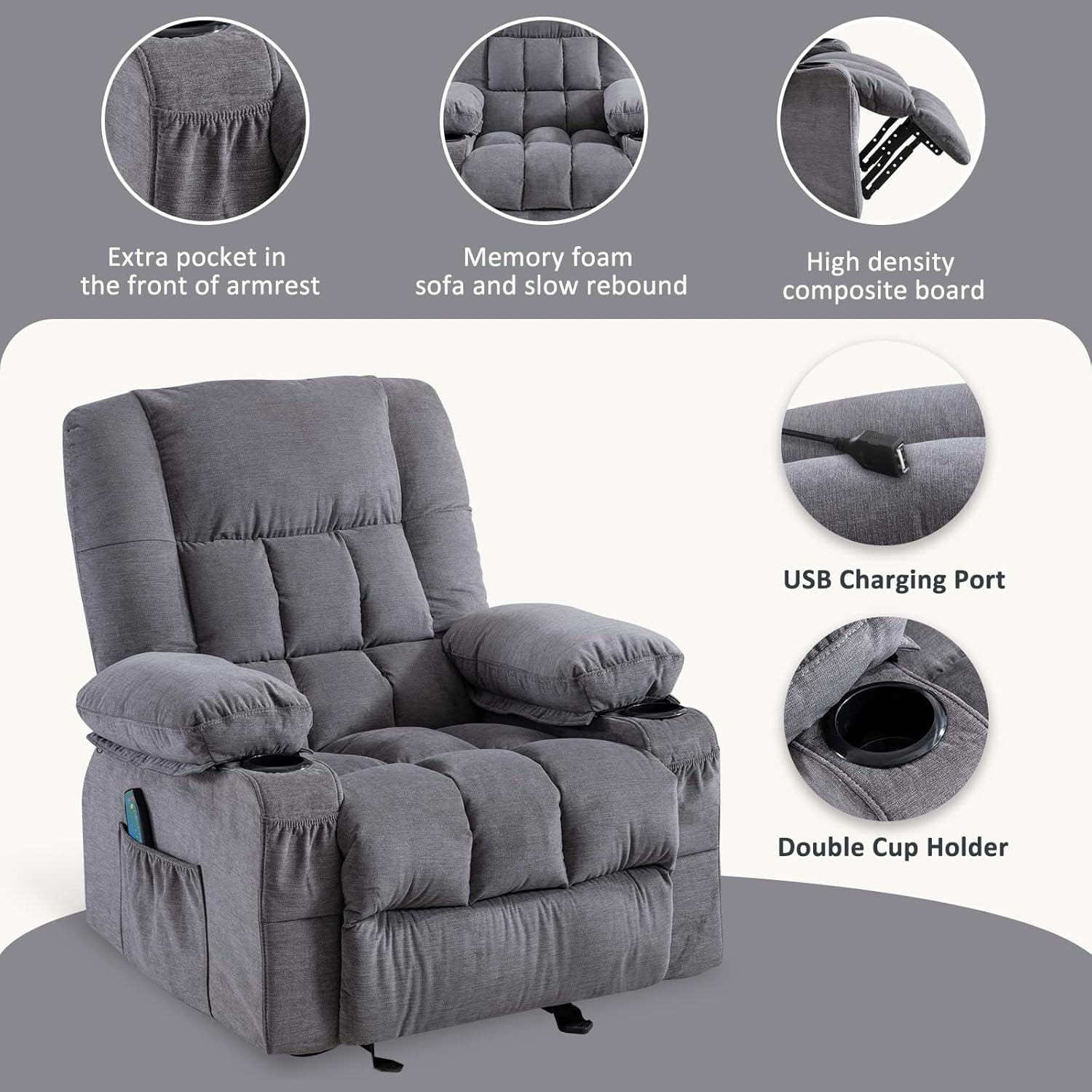 Massage Rocker Recliner Chair with Vibration Massage and Heat Ergonomic Lounge Chair for Living Room with Rocking Function and Side Pocket, 2 Cup Holders, USB Charge Port-3