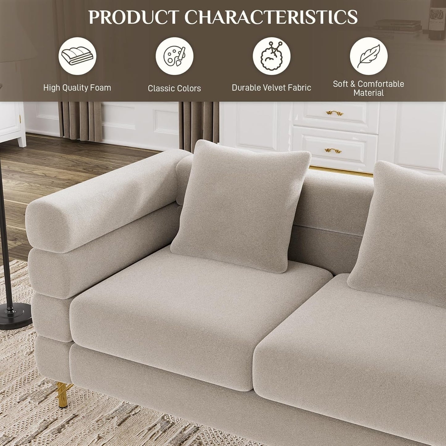 Living Room Sofa Couch and Loveseat Set, Modern Comfy Velvet Deep Seat Cloud Couch with 5 Pillows, Oversized Sofa Furniture Sets for Living Room Bedroom, Grey Velvet-3