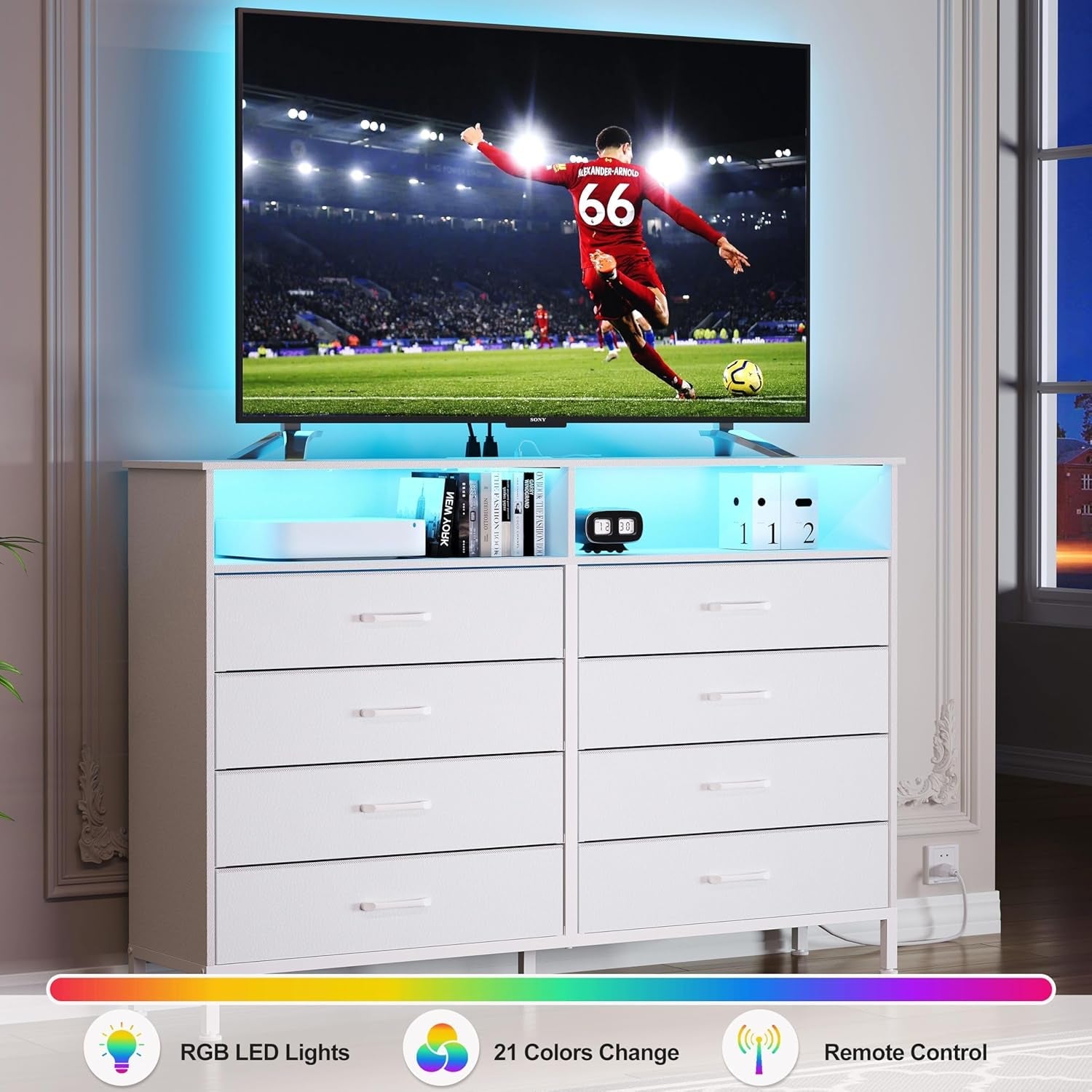 Dresser for Bedroom White Bedroom Dresser with LED Lights and Charging Station, 8 Long Fabric Drawers Dresser, Tall Wide Chest of Drawers Storage Organizer TV Stand for up to 60" TV for Living Room-3