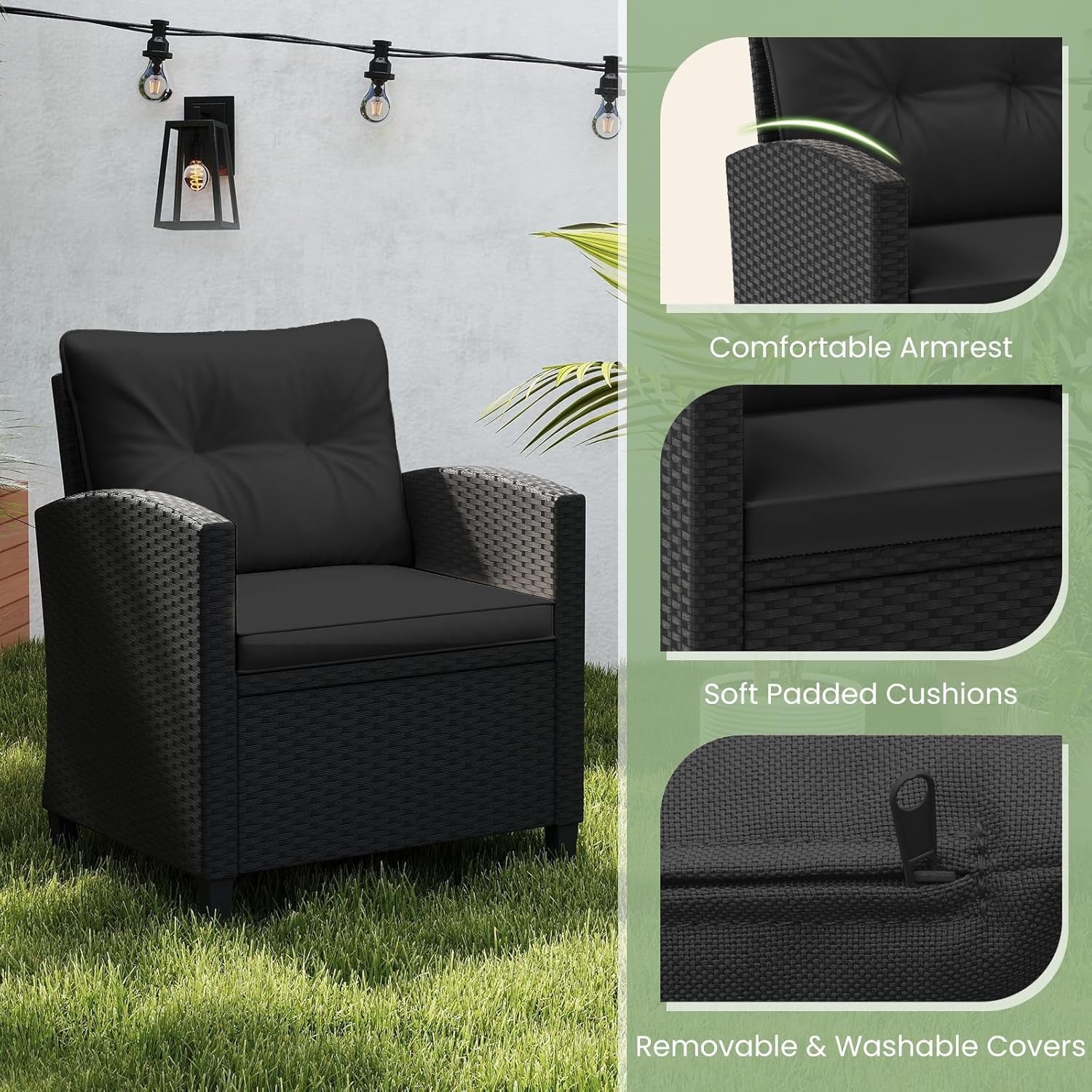 3 Pieces Patio Furniture Set, Wicker Conversation Set Outdoor Chairs with Cushions, Glass Coffee Table, Rattan Bistro Set for Front Porch Balcony Garden Deck Poolside (Black)-2