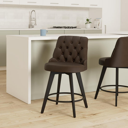 Counter Height Bar Stools, Faux Leather Upholstered Modern Swivel Barstool with Back, Solid Wood Legs, 26" H Seat, Chocolate-1