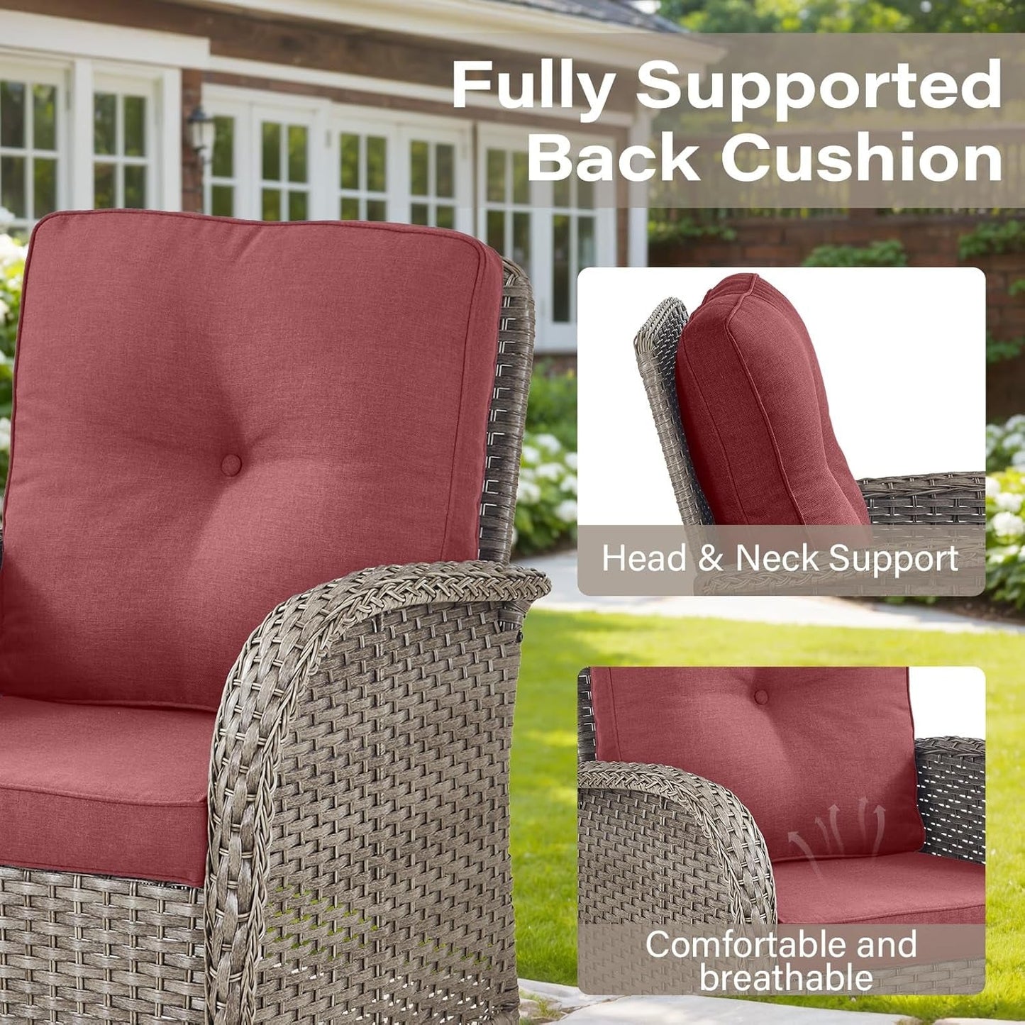 5 Pieces Wicker Patio Furniture Set - Swivel Rocker Outdoor Chairs with Ottomans and Side Table, Small Patio Conversation Set for Porch Deck Backyard Red-4