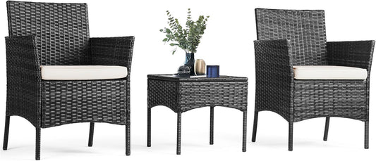 Patio Furniture Set 3 Pieces Outdoor Rattan Wicker Chairs with Soft Cushion and Glass Coffee Table, Waterproof Conversation Bistro Loveseat for Garden Backyard, Balcony, Terrace, Black-0