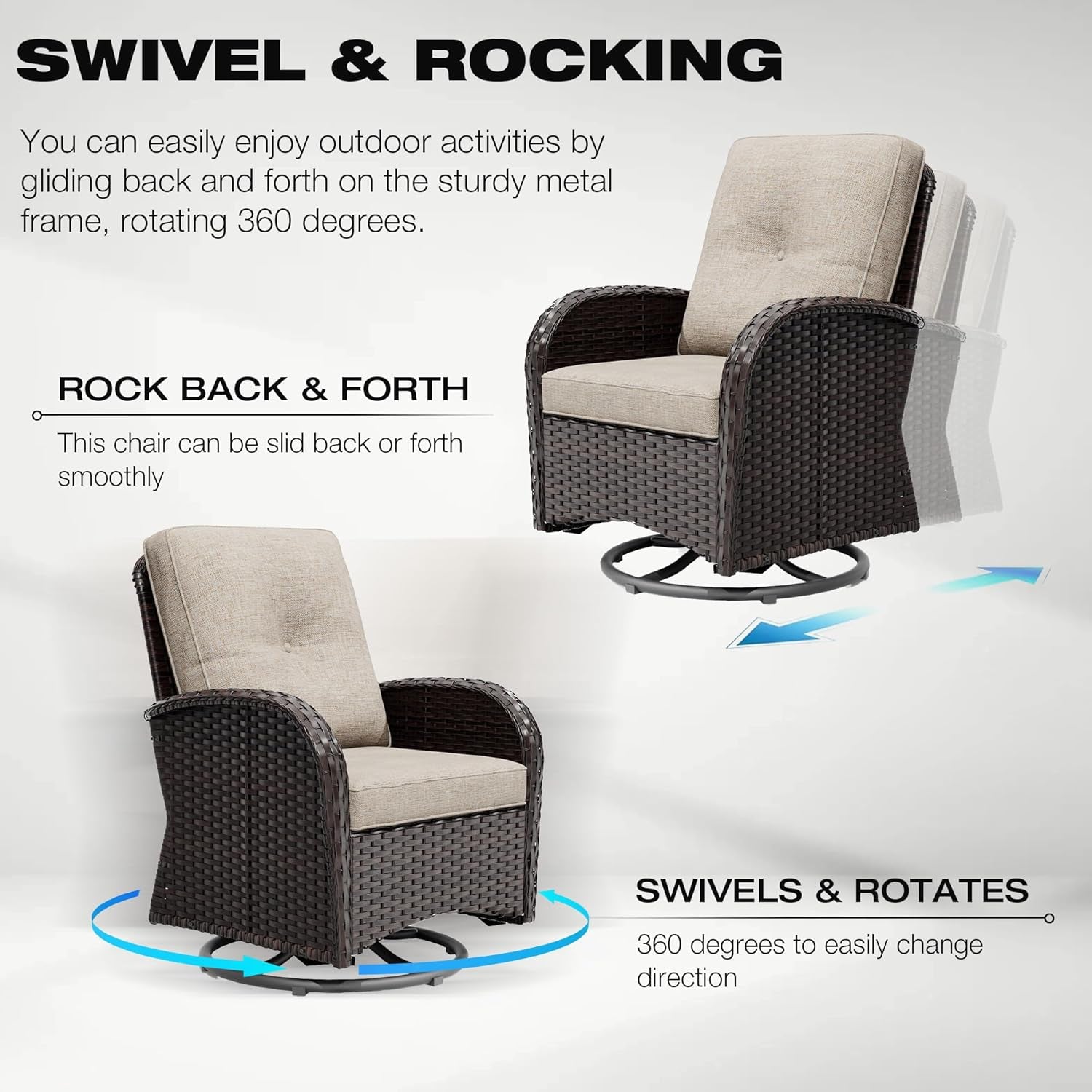 Outdoor Swivel Rocker Chairs, 3 Piece Wicker Patio Set with Thick Cushion and Side Table, Rattan Patio Swivel Rocking Chairs for Porch, Deck Use (Brown/Beige, 3 PCS)-3