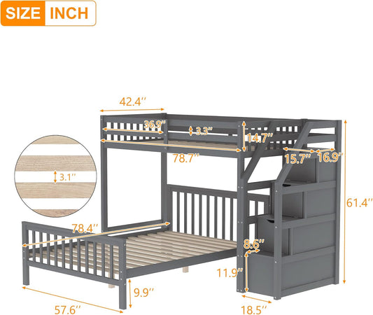 Twin over Full Bunk Bed with Stairs, Solid Wood Bunk Bed with Storage for Kids Teens Adults (Gray)-1