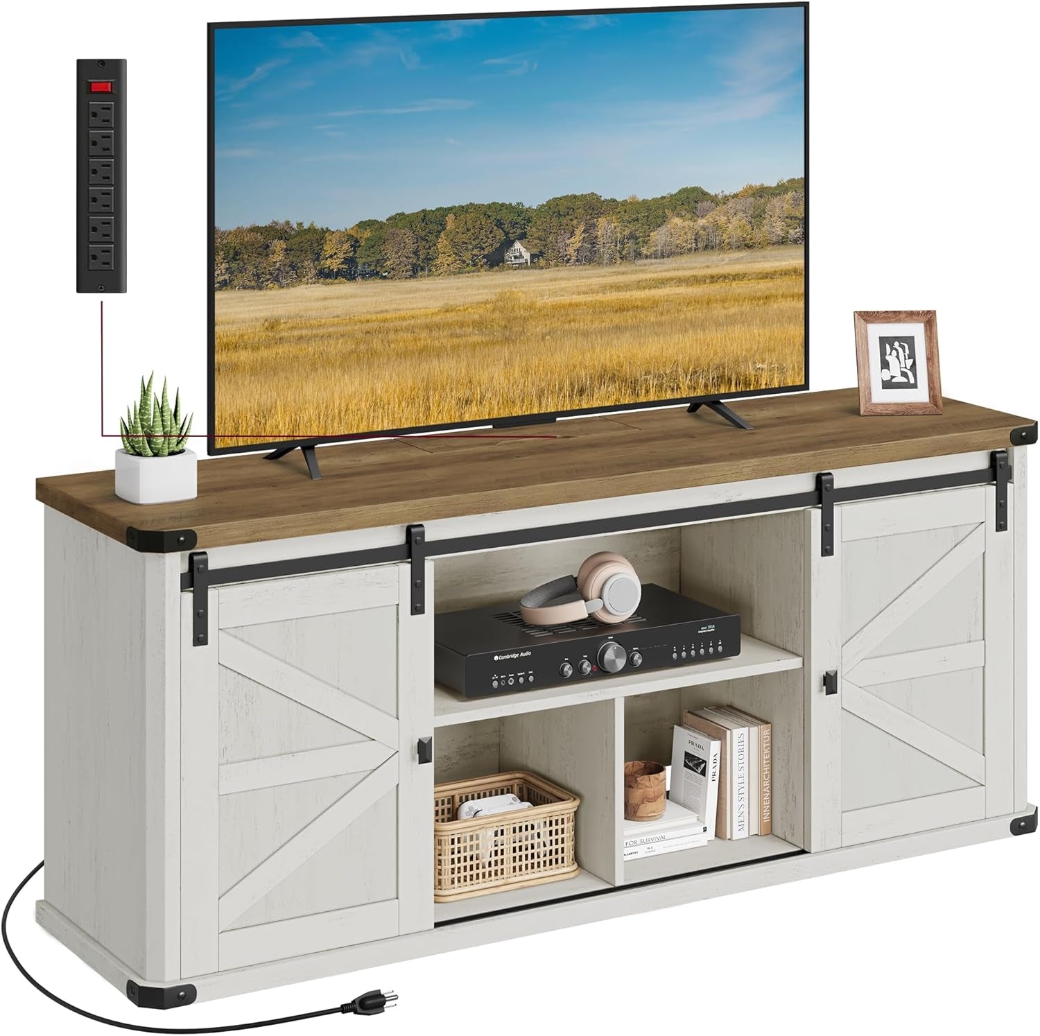 TV Stand for Tvs up to 65 Inches, Farmhouse Entertainment Center with Sliding Barn Doors, TV Console Table for Living Room, Rustic White and Honey Brown ULTV324W73-0