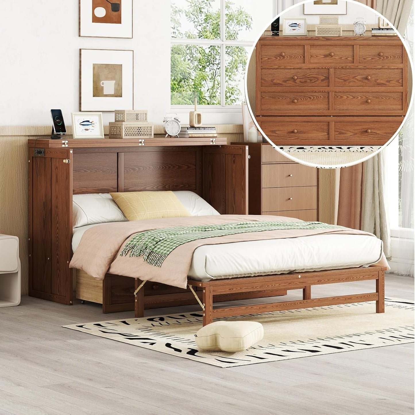 Queen Size Murphy Cabinet Bed with Desk and USB-Port-8