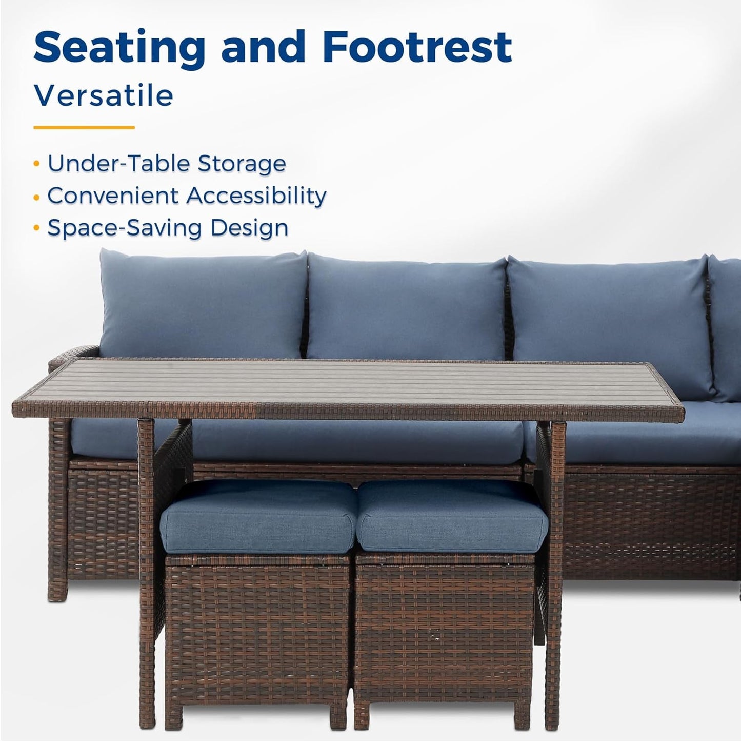 7 Pieces Patio Furniture Set Outdoor Furniture Sectional, High Back Outdoor Patio Dining Table Set, Wicker Patio Conversation Set with Cushions for Balcony Lawn and Garden, Blue-2