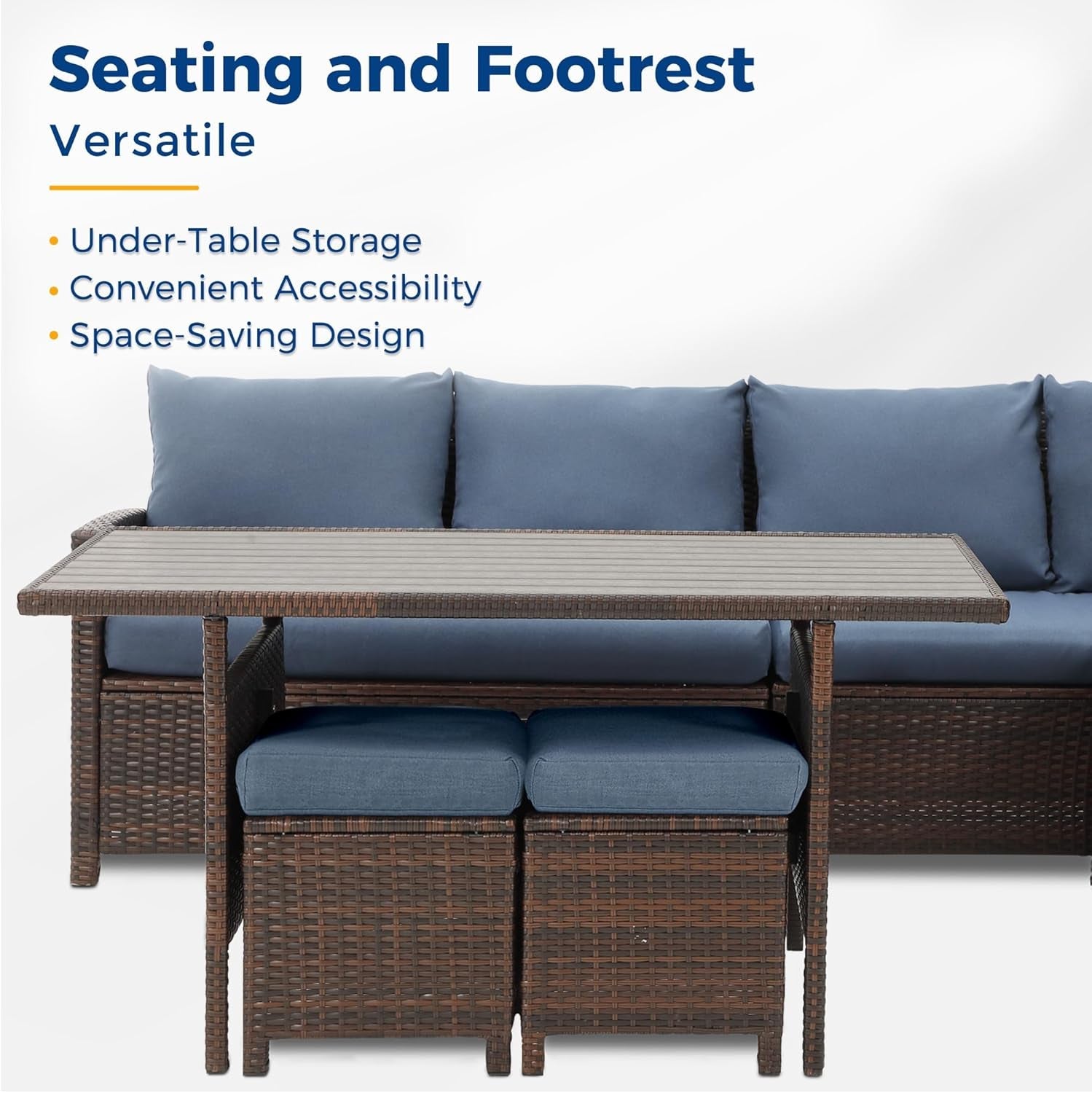 7 Pieces Patio Furniture Set Outdoor Furniture Sectional, High Back Outdoor Patio Dining Table Set, Wicker Patio Conversation Set with Cushions for Balcony Lawn and Garden, Blue-2