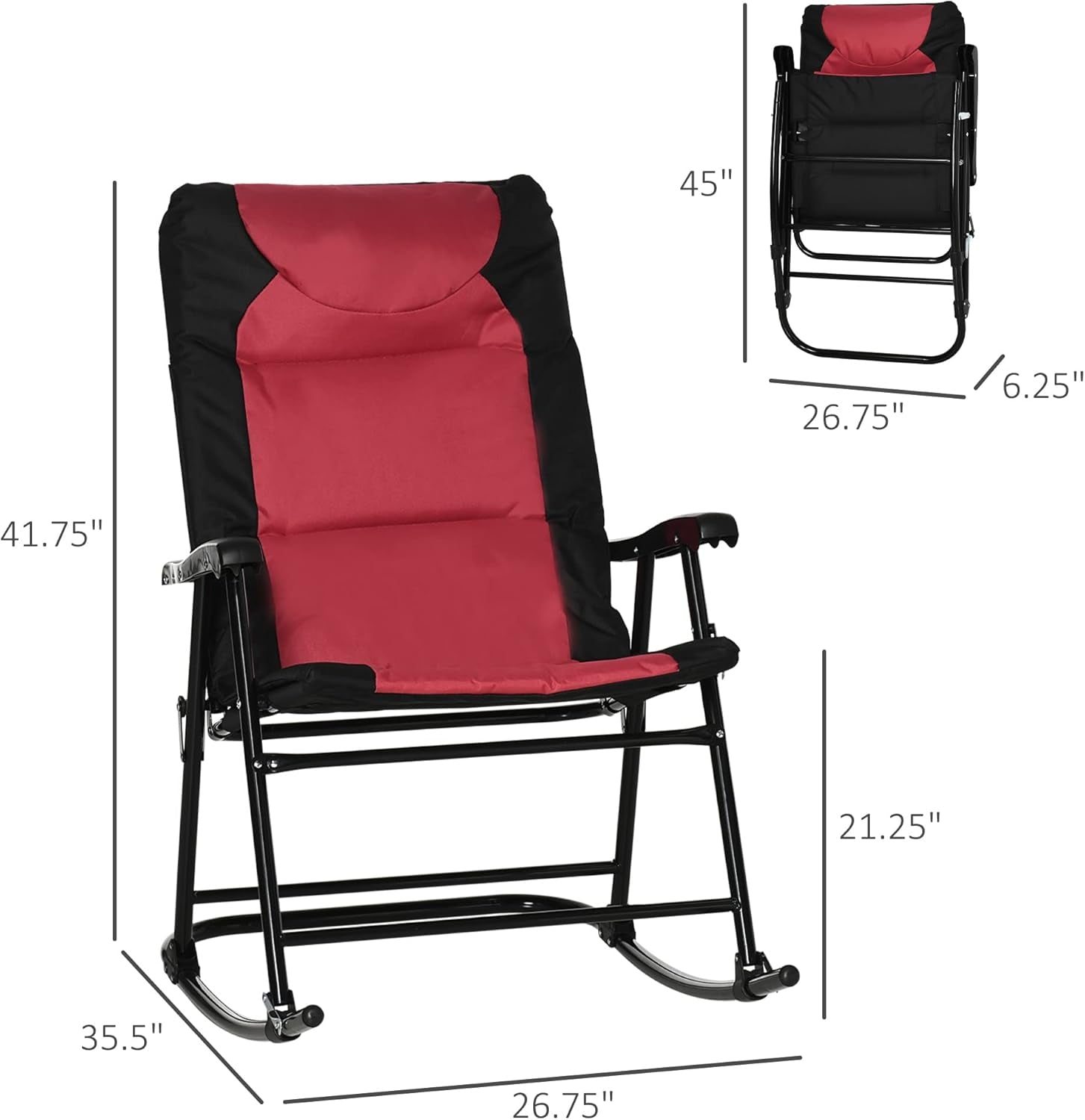 2 Piece Outdoor Patio Furniture Set with 2 Folding Padded Rocking Chairs, Bistro Style for Porch, Camping, Balcony, Red-2