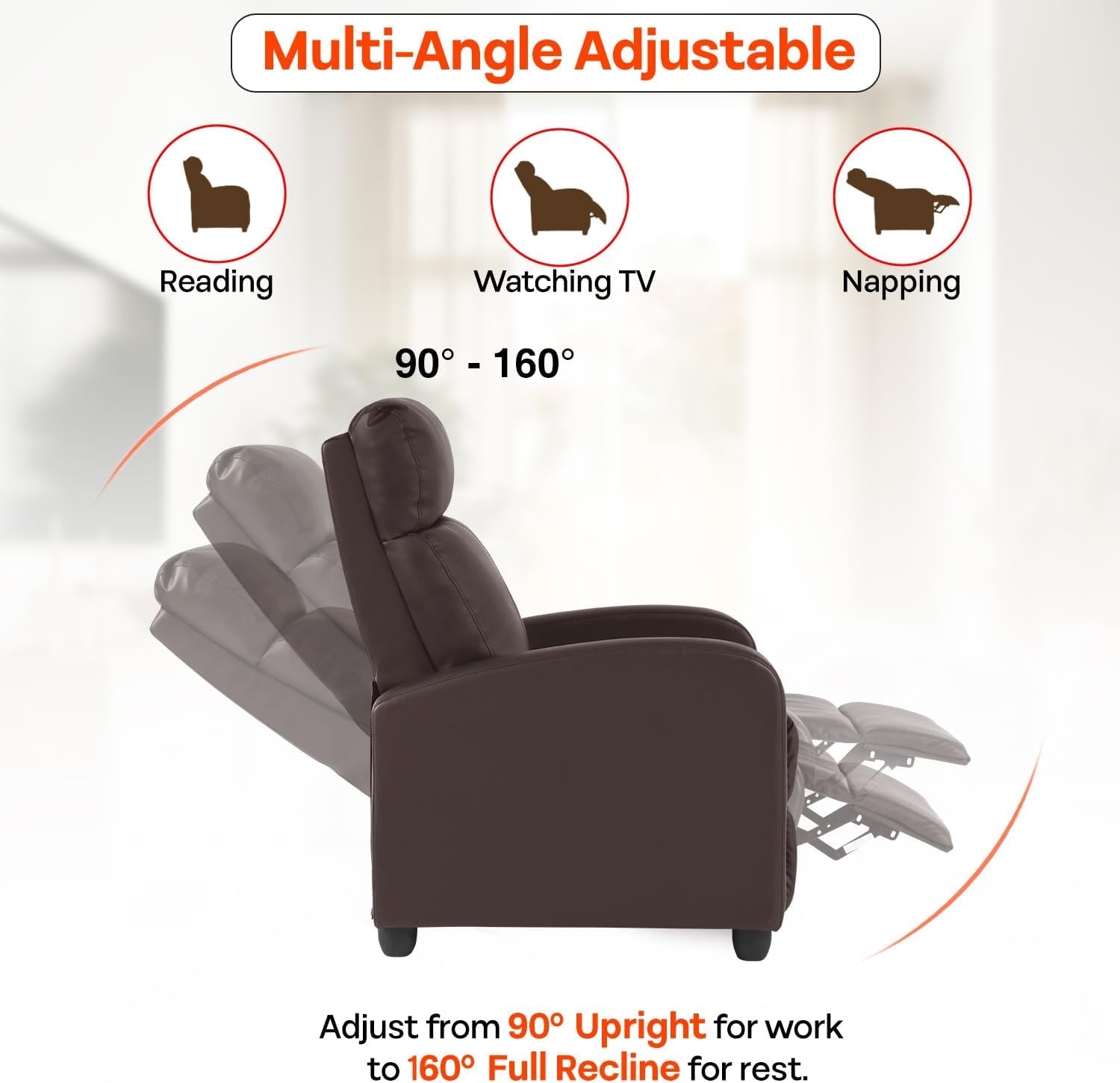 Recliner Chair Massage Chair Reading Chair Reclining Sofa Home Theater Seating with Lumbar Support Massage and Padded Backrest for Living Room and Bedroom (Leather, Brown)-4