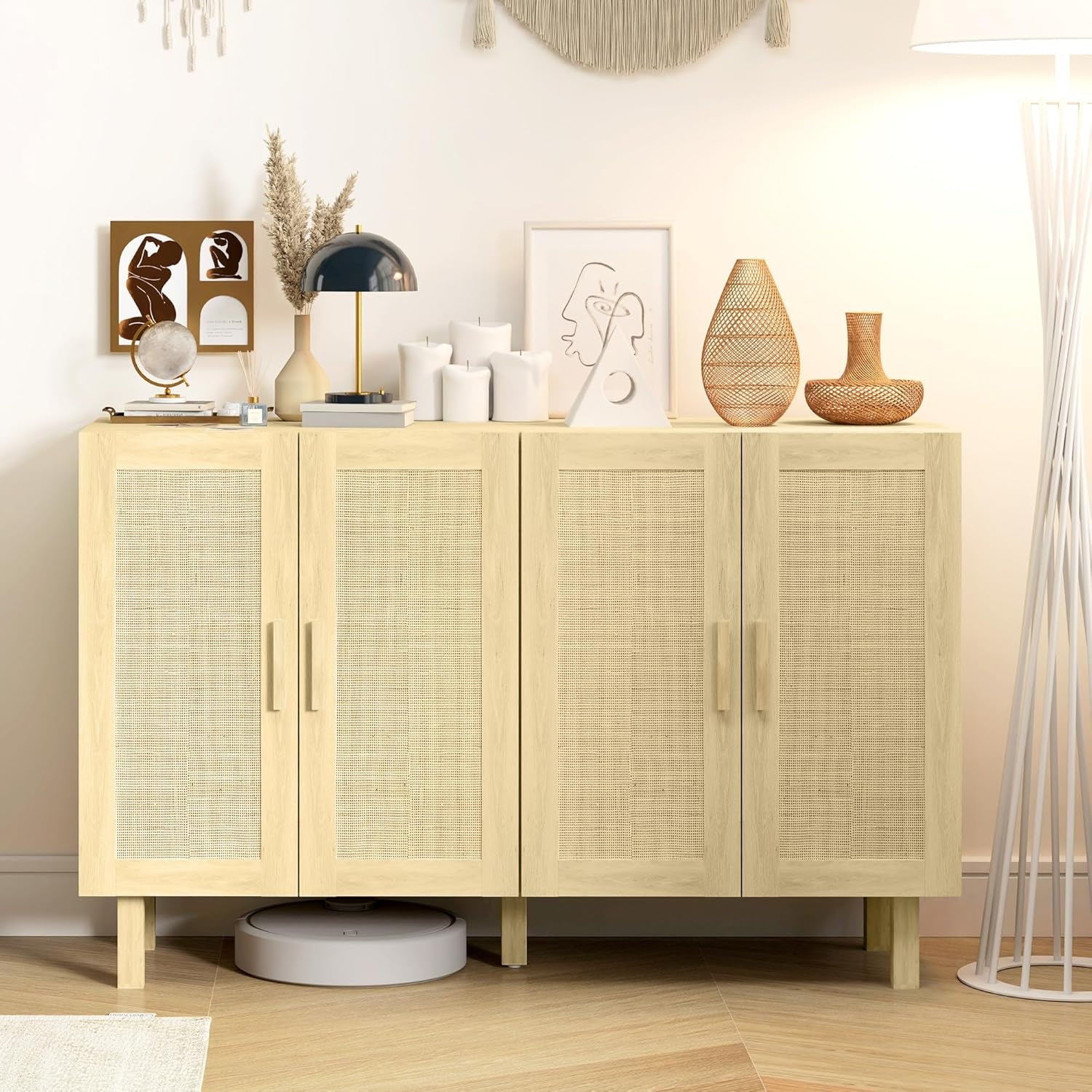 Sideboard Buffet Cabinet, Kitchen Cabinet, Coffee Bar Cabinet with 4 Rattan Doors and Adjustable Shelves, Natural-1