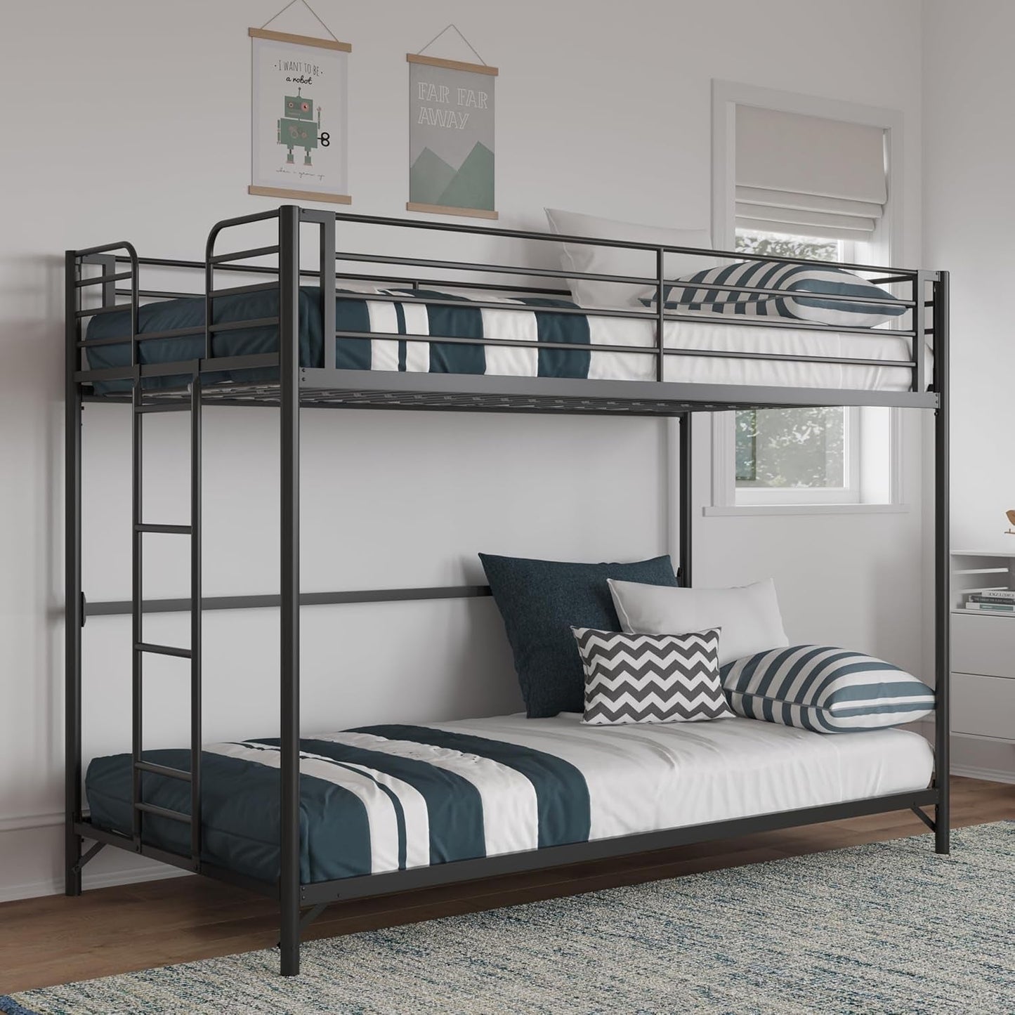 Daven Easy Assembly Metal Bunk Bed for Kids, Teens and Adults, with Ladder, High Guardrail, Metal Slats, Smooth Rounded Edges, No Boxspring Required, Twin-Over-Twin, Black-0