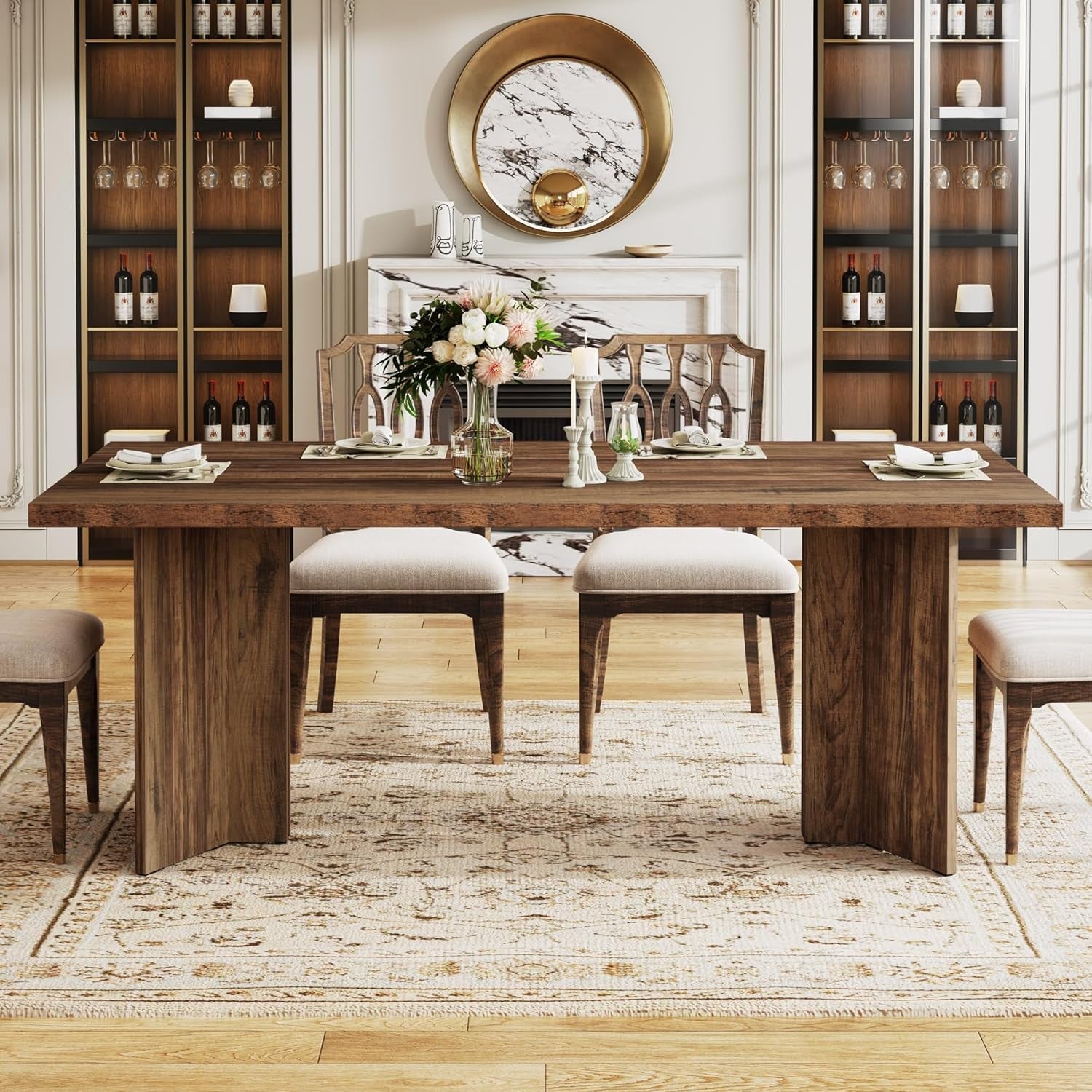 63-Inch Dining Table for 4-6, Farmhouse Kitchen Table with Large Tabletop, Rectangular Dinner Eating Table for Dining Room, Living Room, Kitchen, Dark Brown-2