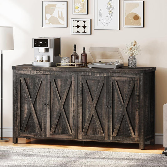 Farmhouse Sideboard Buffet Cabinet with Storage with 4 Doors, 55'' Large Kitchen Storage Cabinet, Wood Coffee Bar Cabinet with Adjustable Shelf for Kitchen, Living Room, Dark Oak-0