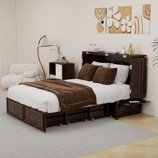 Murphy Bed Full, Solid Wood Cabinet with USB Ports-1