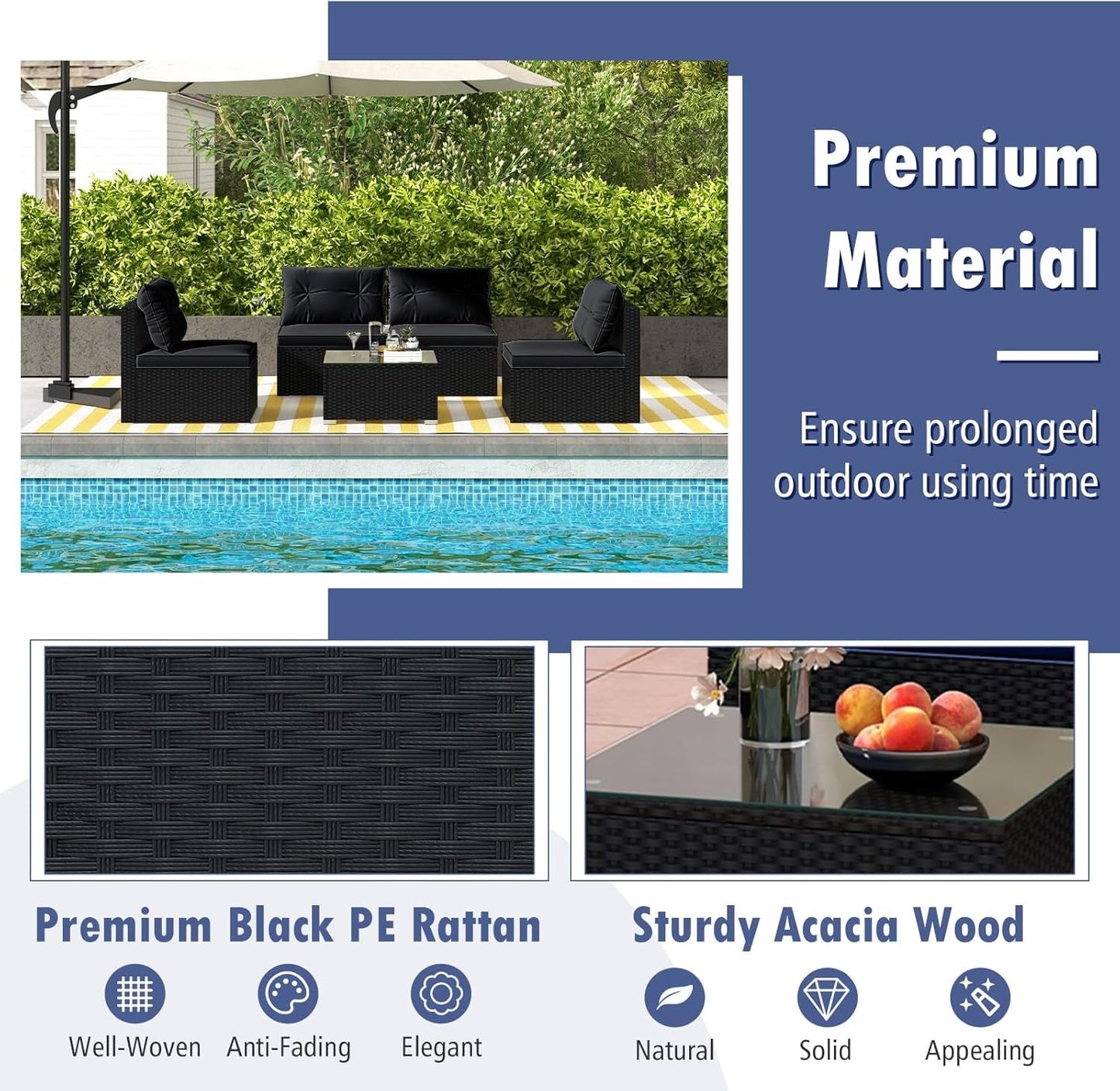 5-Piece Outdoor Patio Furniture Set, Rattan Sectional Sofa Set W/Glass-Top Coffee Table, Soft Seat & Back Cushions, Bistro Set for Garden Backyard Porch, Wicker Conversation Set (Black)-3