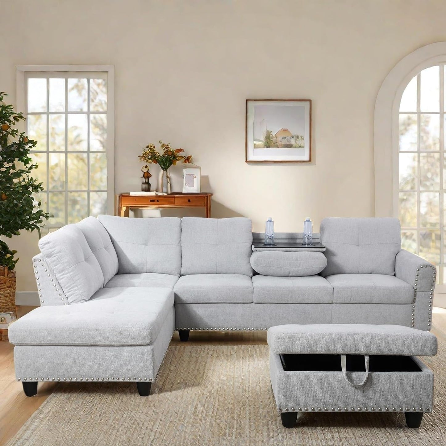 L Shaped Sectional Couch with Otttoman, 97" Sectional Sofa for Living Room Flannel Modular Couches with Cup Holders for Bedroom, Apartments, Grey White-0