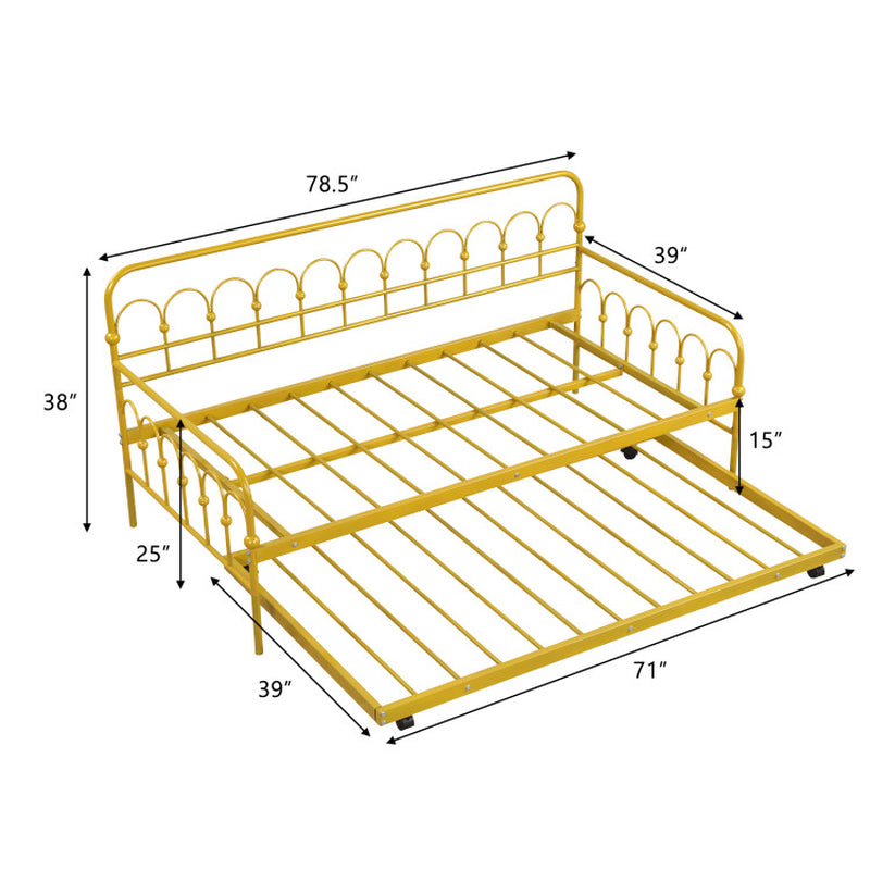 Twin Size Golden Metal Daybed with Trundle and Lockable Wheels-4