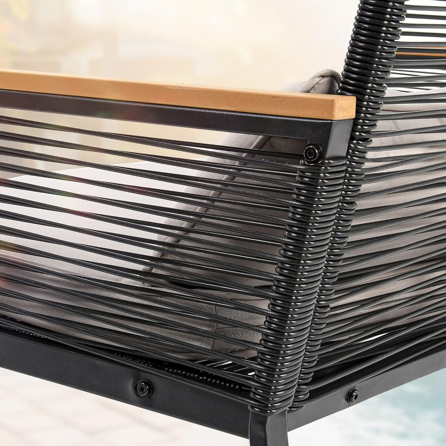 4-Piece Outdoor Wicker Patio Conversation Furniture Set, All-Weather Wicker Bistro Rattan Loveseat Set with Wooden Armrests, Metal Side Table and Cushions for Backyard, Balcony, Deck, Black-4