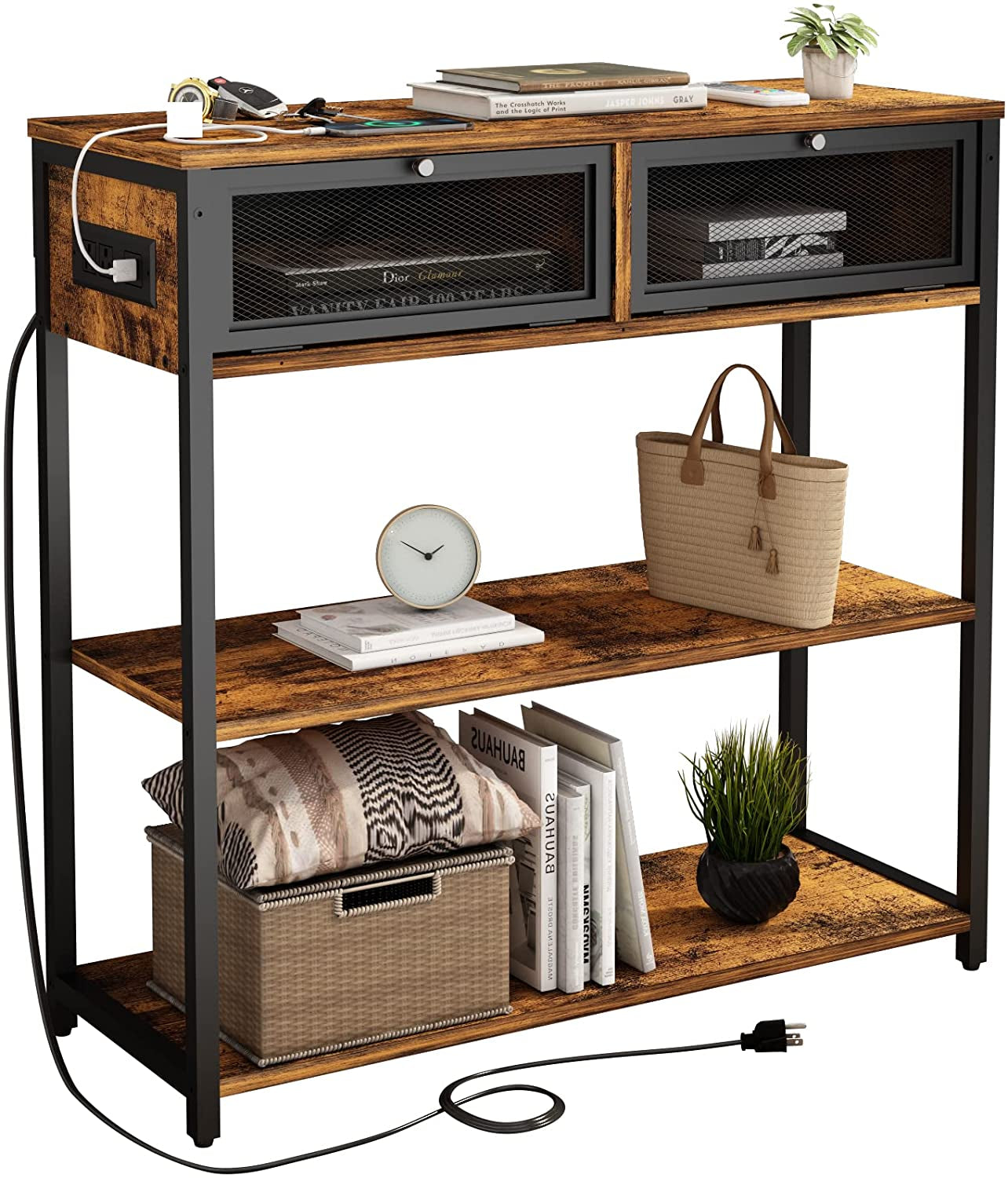 Charging Console Table with Storage Shelves-1