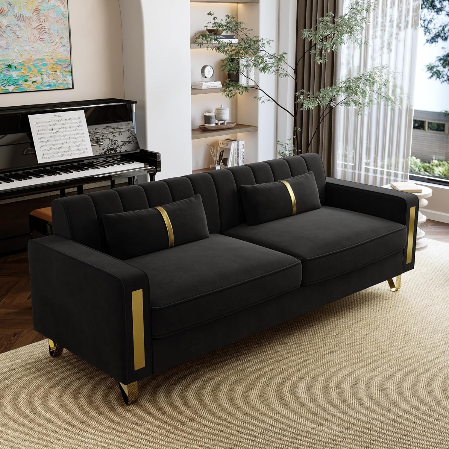 2-Piece Loveseat Couch Set for Living Room, 86" Black Velvet Sofa Couch with 4 Pillows & Gold Metal Legs, Modern Upholstered Sofa Set Love Seat Sectional Couches for Apartment Home Office-4