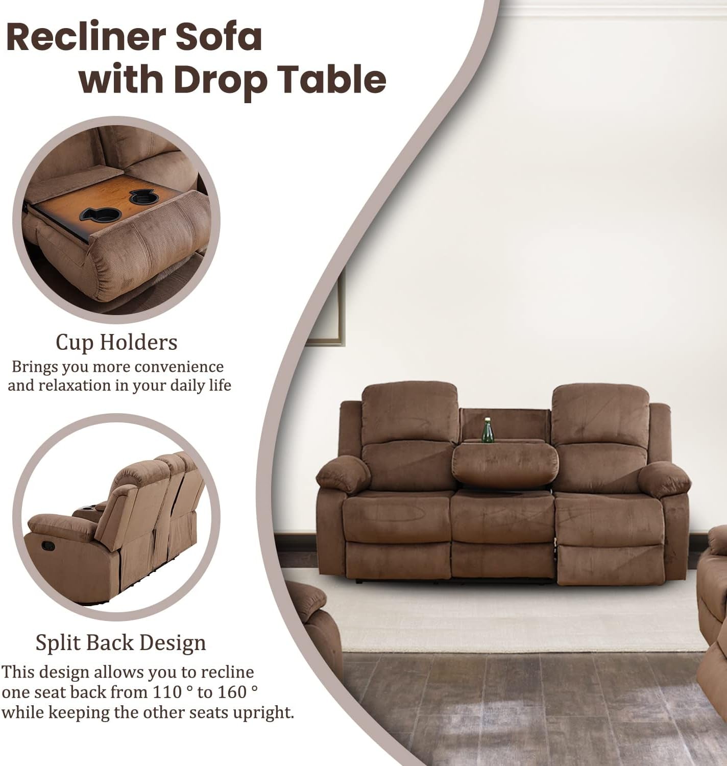 Recliner Sofa Set Living Room Furniture, Corduroy Fabric Reclining Sofa Set, Recliner Couch Set with Cup Holders for Office Home (Sofa and Chair Set, Brown)-3