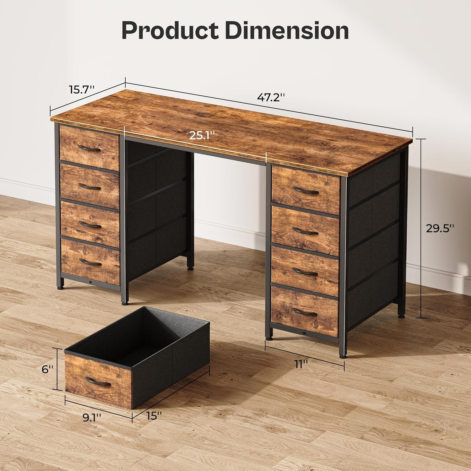 47" Rustic Brown Computer Desk with 8 Drawers-3