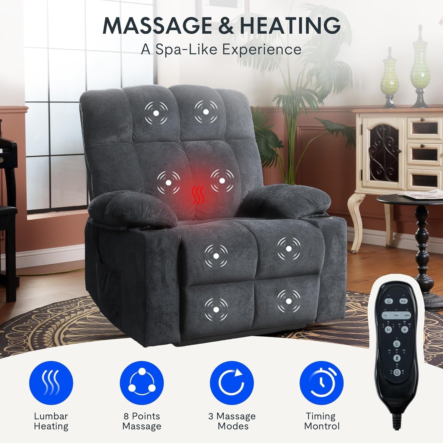 XL5 Dual OKIN Motor Power Lift Recliner Chair for Elderly, Electric Lay Flat Recliner W/Massage, Lumbar Heat, USB Port, Side Pockets, Recliner Sofa for Living Room Bedroom, Grey-3