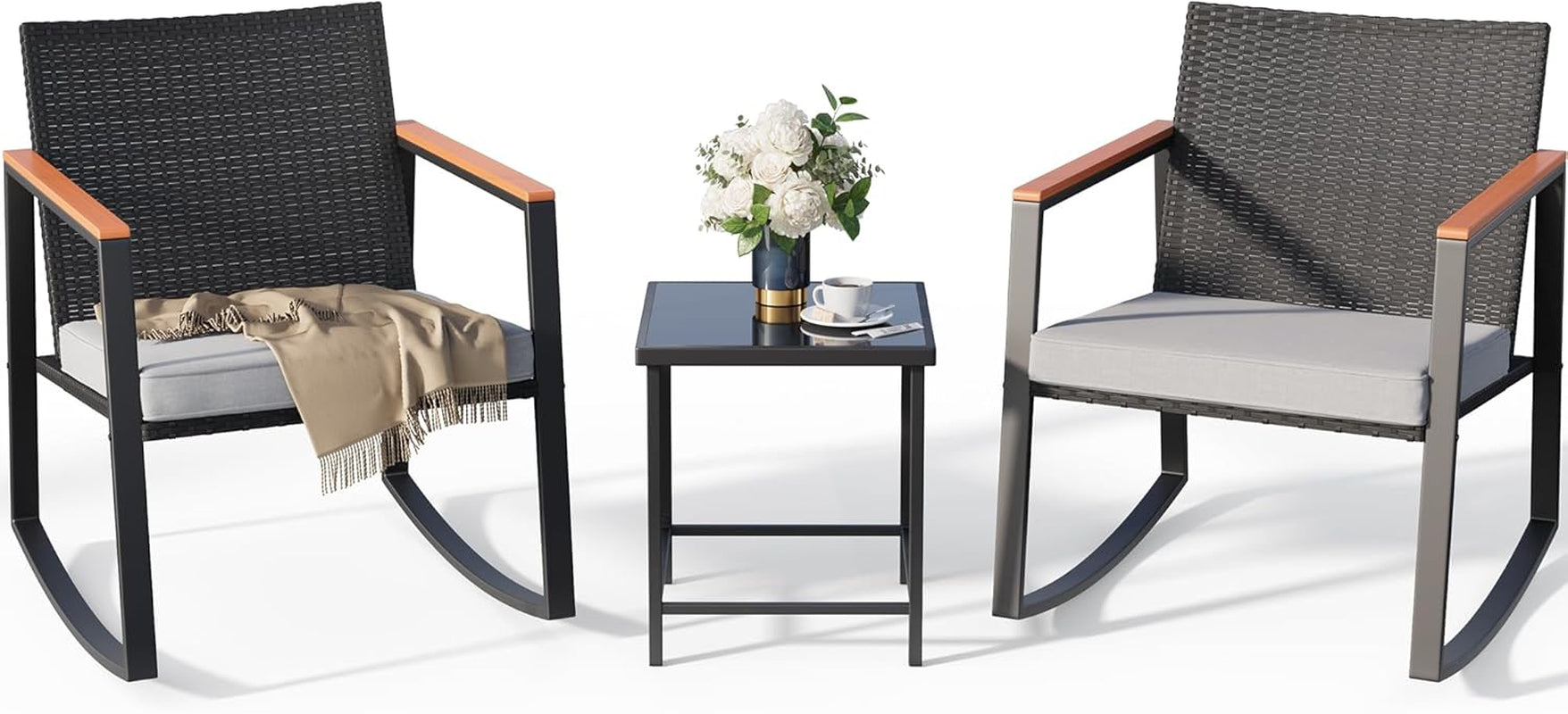 Patio Rocking Bistro Set Glass Table Cushions-2