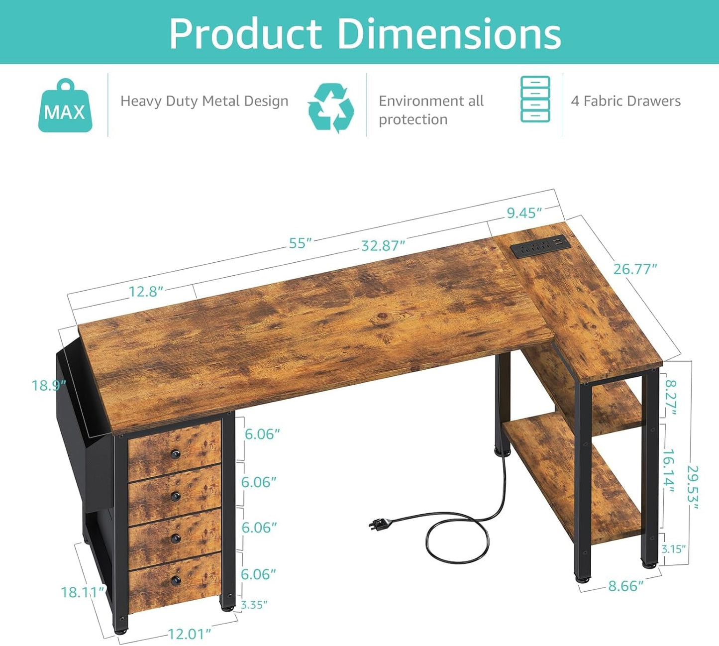 L Shaped Computer Desk with Drawers & Storage Shelves, 55 Inch Corner Desk with Power Outlet for Home Office Bedroom, L-Shaped Teen PC Gaming Desks with Fabric Drawer, Rustic Brown-2