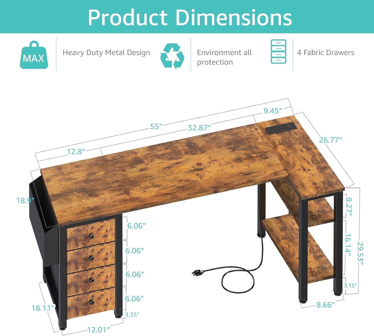 L Shaped Computer Desk with Drawers & Storage Shelves, 55 Inch Corner Desk with Power Outlet for Home Office Bedroom, L-Shaped Teen PC Gaming Desks with Fabric Drawer, Rustic Brown-2