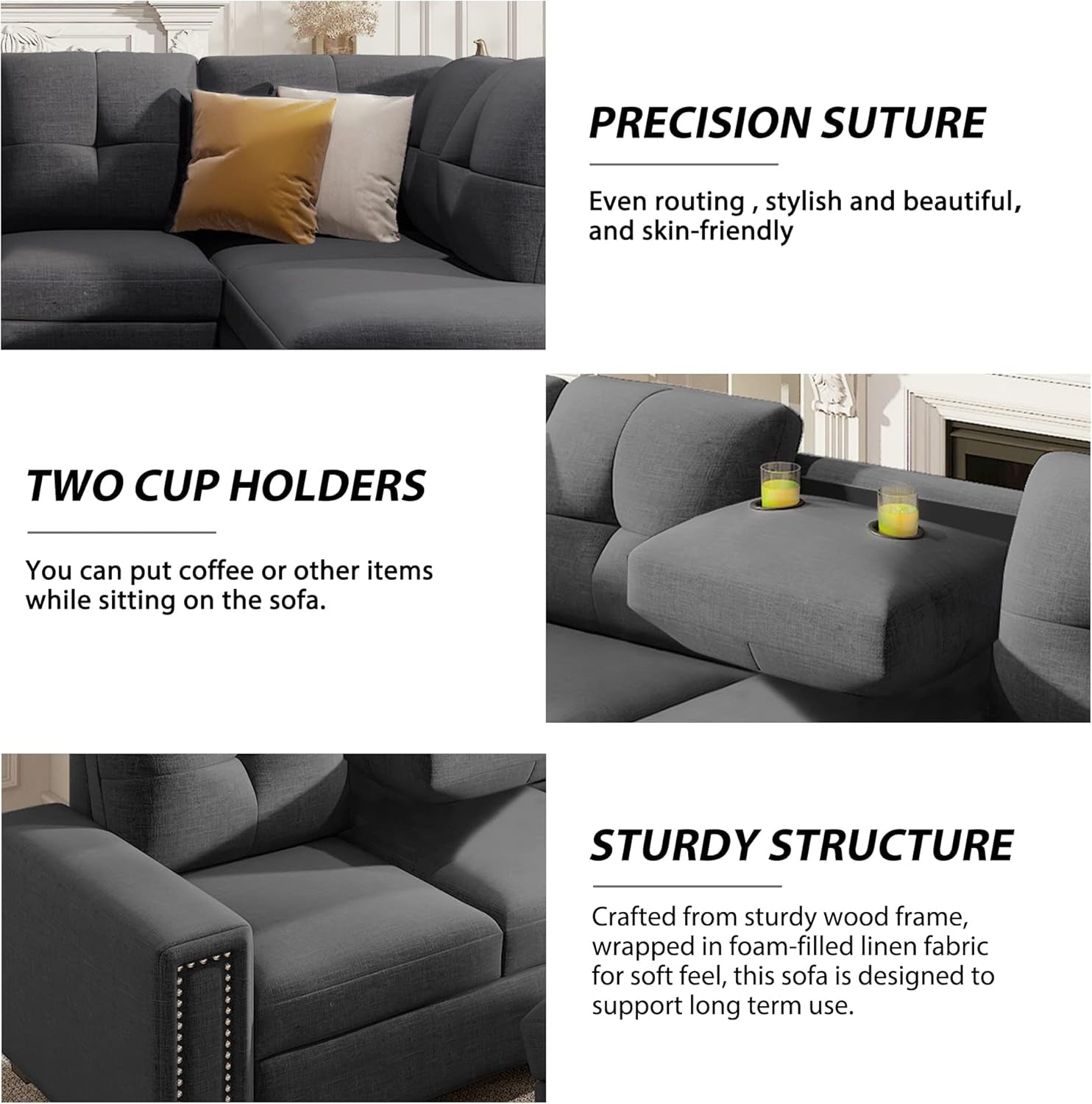 Sectional Sofa with Reversible Chaise Lounge, L-Shaped Sofa with Storage Ottoman and Cup Holders, Nail Head Detail, Sectional Couches Living Room Furniture Sets (Grey)-3