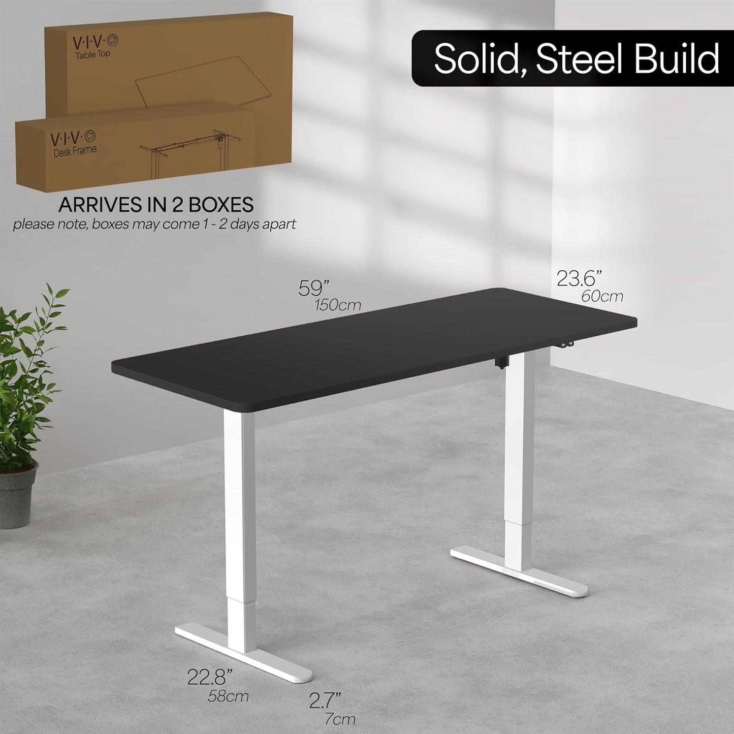 60-Inch Electric Height Adjustable 60 X 24 Inch Stand up Desk, Black Solid One-Piece Table Top, White Frame, Home & Office Furniture Sets, B0 Series, DESK-KIT-W06B-2