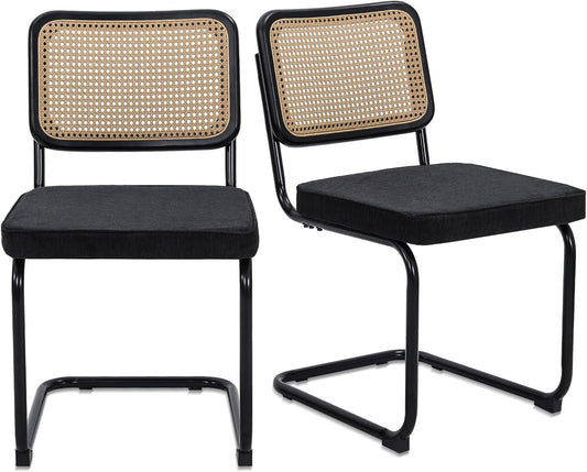 Modern Cesca Cane Dining Chairs, Set of 2, Handwoven Rattan Cane Back, Chrome Base, Upholstered Cotton Seat, Ideal for Kitchen or Dining Room, Black-0