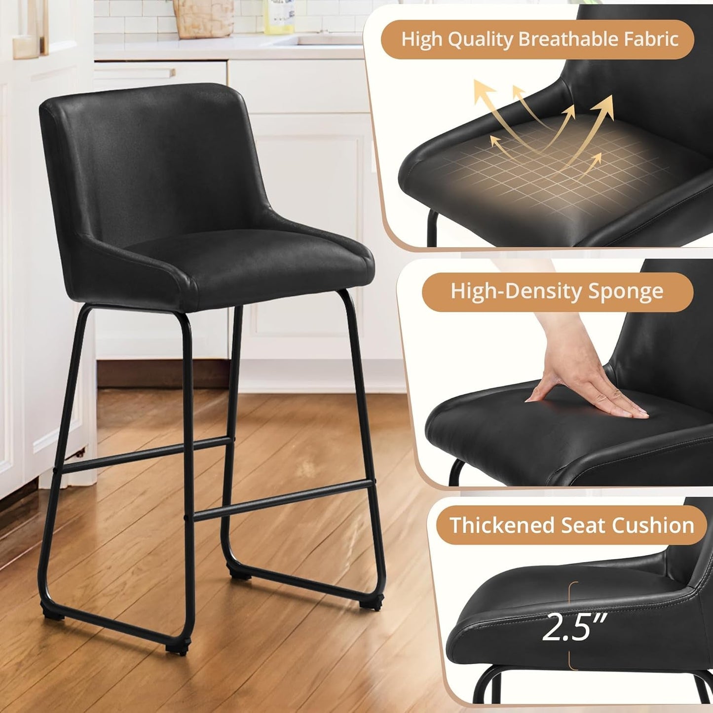 26 Inch Bar Stools Set of 3, Faux Leather Upholstered Barstools, Counter Height Bar Stools with Back, Comfortable Bar Chairs, Modern Counter Stools for Kitchen Counter Island-2