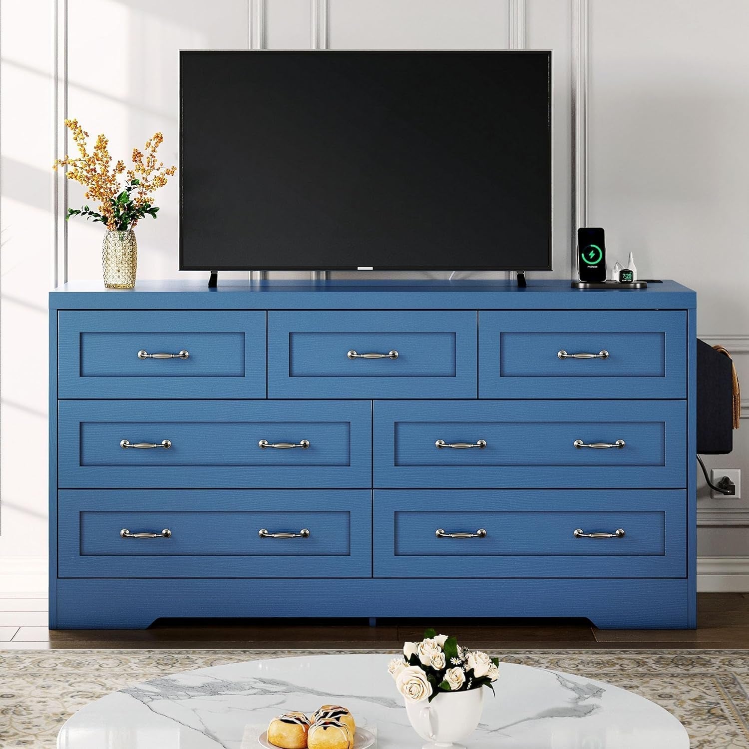 Drawers TV Stand for 65 Inches with Power Outlets -Chest of Drawers Dresser with Side Organizer Bag Entertainment Center TV Console, Blue-3