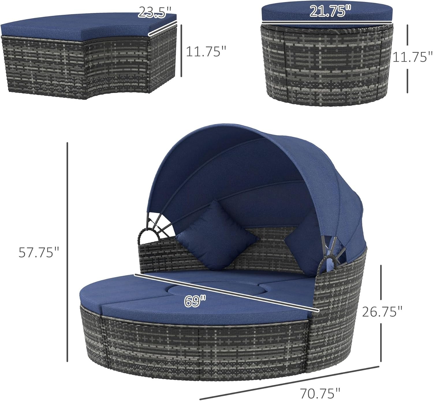 4-Piece round Convertible Daybed with Cushions, Outdoor PE Rattan Patio Wicker Sofa Set, Sunbed with Adjustable Sun Canopy, Sectional Sofa, 2 Chairs, Table, 3 Pillows, Dark Blue-2