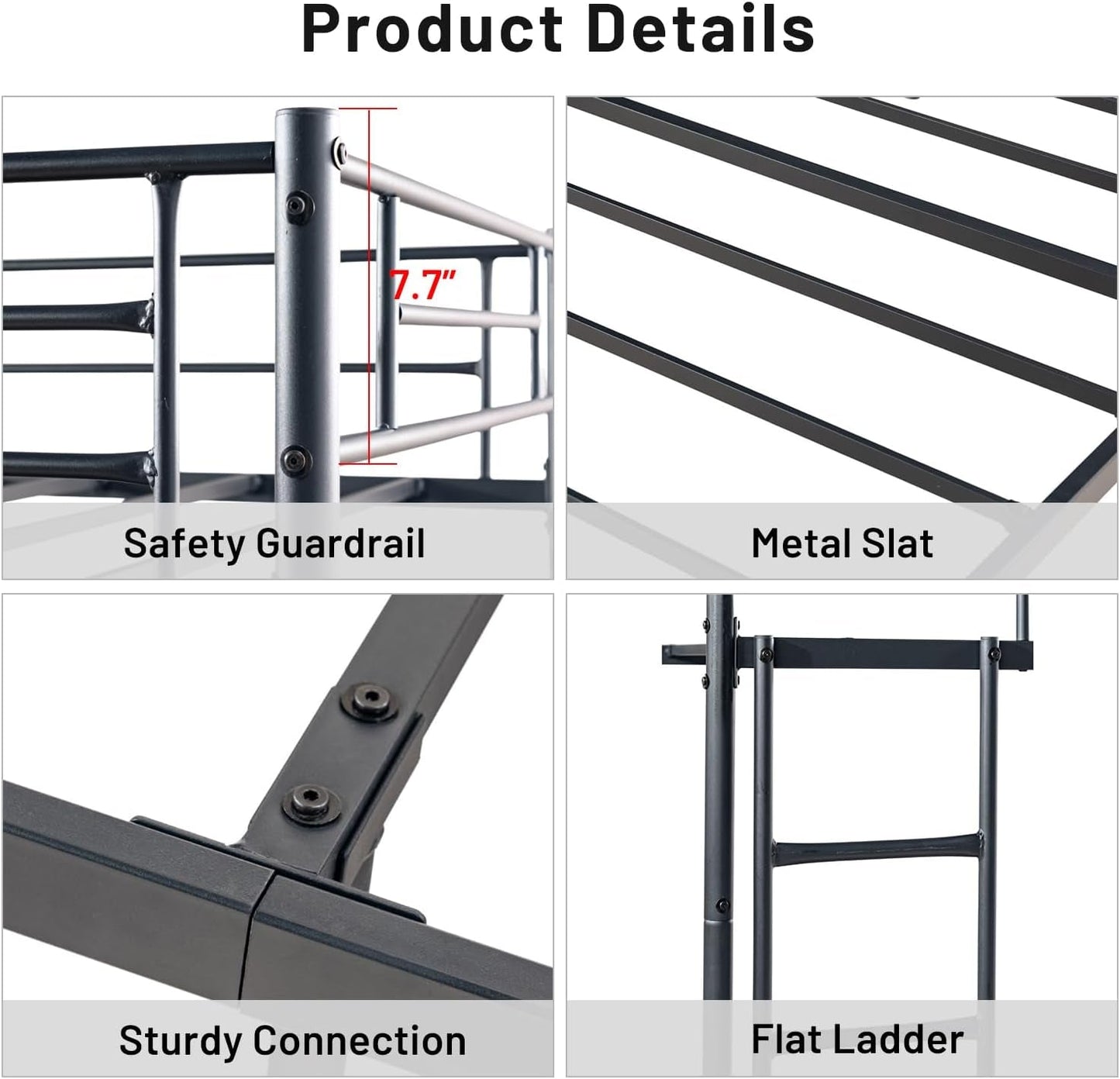 Twin Size Loft Bed, Metal Heavy Duty Bed Frame with Flat Ladder and Safety Guardrail, Space-Saving, Noise Free, No Box Spring Needed, 82.2 * 41.3 * 65.1 Inch, Black-3