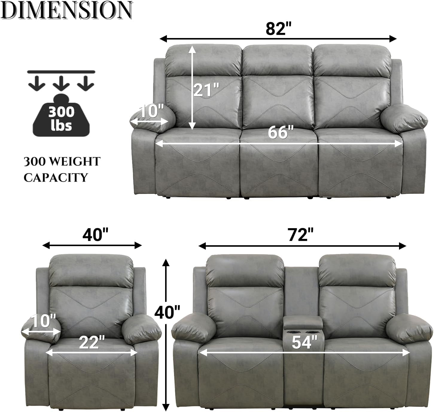 Power Recliner Sofa Set with LED Lights,Leather Living Room Furniture Set with USB Port/Storage Console/Cup Holders,Reclining Sofa Set for House/Home Theater(2 Pieces，Grey)-1