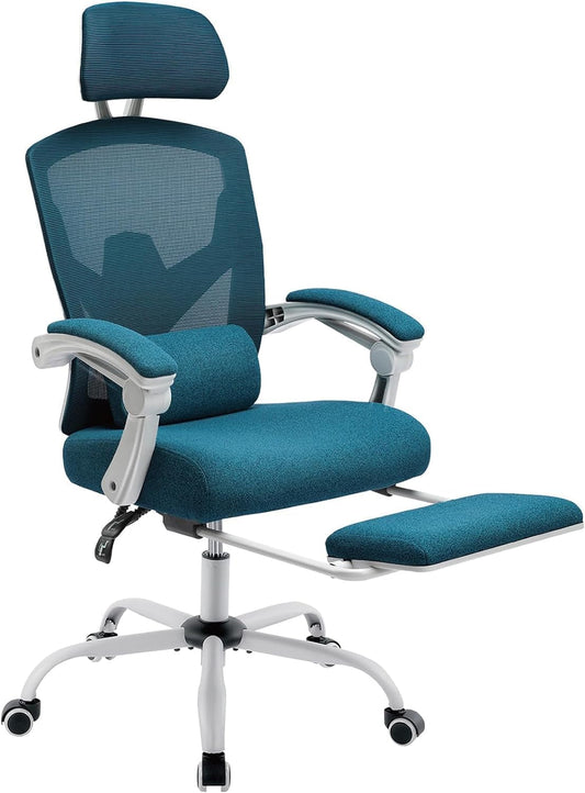 Home Office Desk Chair with Footrest, High-Back Mesh Rolling Swivel Reclining Chairs with Wheels, Comfortable Headrest, Lumbar Support, Comfy Arms for Home, Office, Gaming, Student, Blue-0
