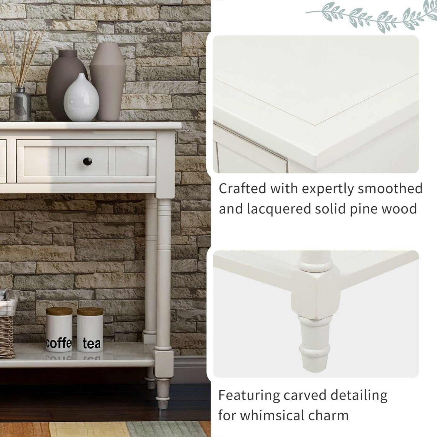 Rustic Ivory Console Table with Storage Drawers-4