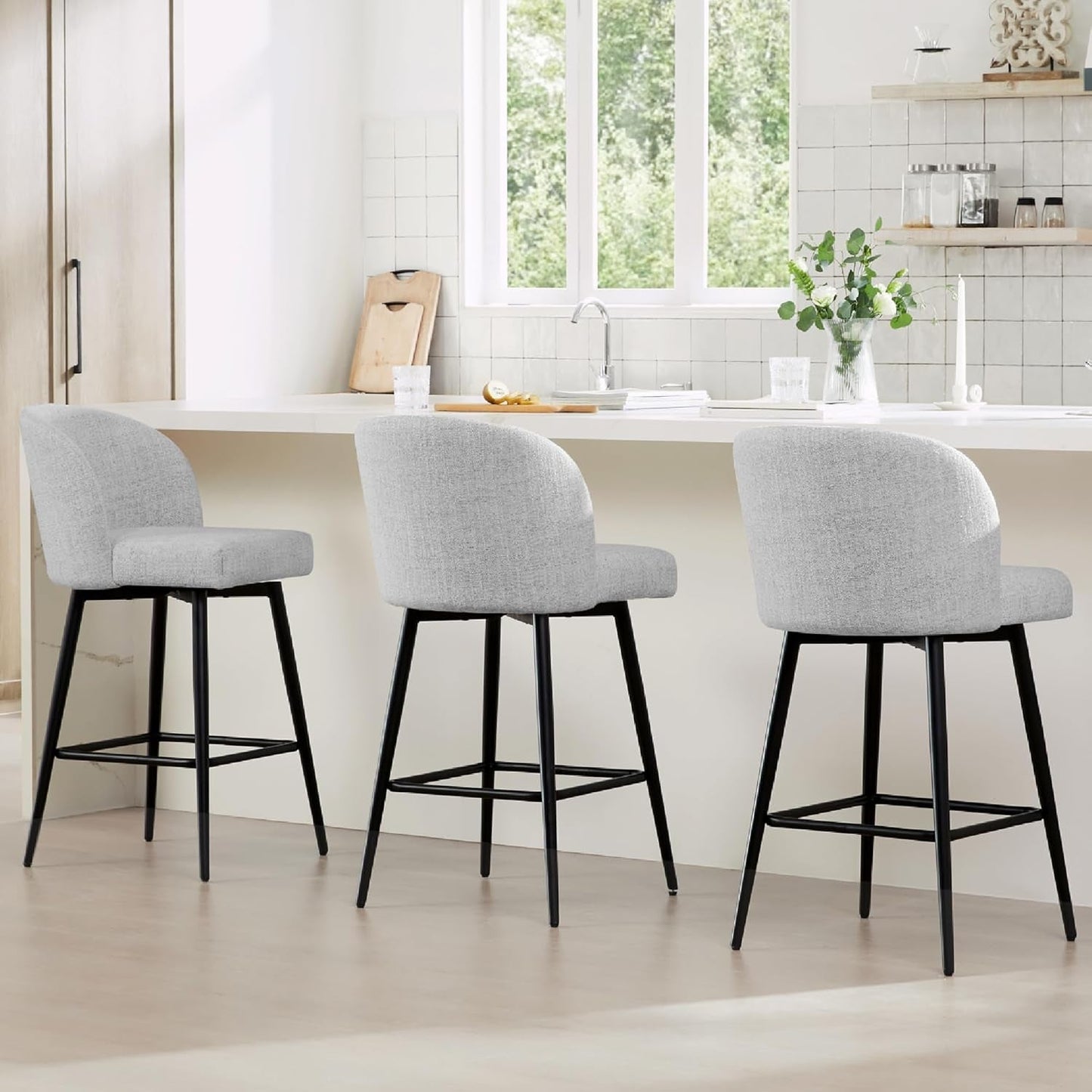 Counter Height Bar Stools Set of 3, 360° Swivel Upholstered Barstools with Backs and Metal Legs, 26" H Seat Height, Fabric in White (Multi-Colored)-0