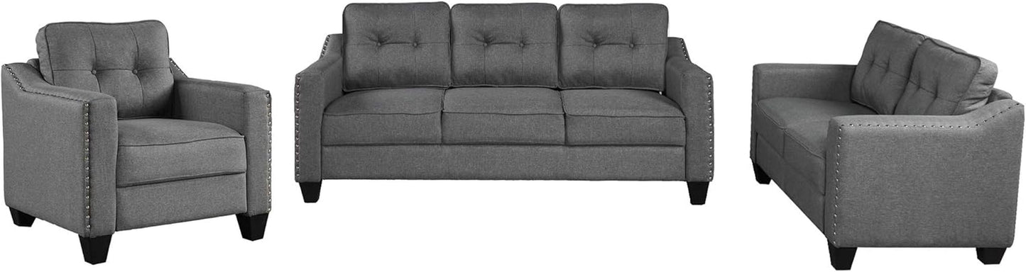 3 Piece Linen Upholstered Living Room Furniture Sets Including Three Seater Sofa & Loveseat & Single Armchair with Button Tufted Cushion Back and Nailhead Trim for Apartment/Bedroom-2