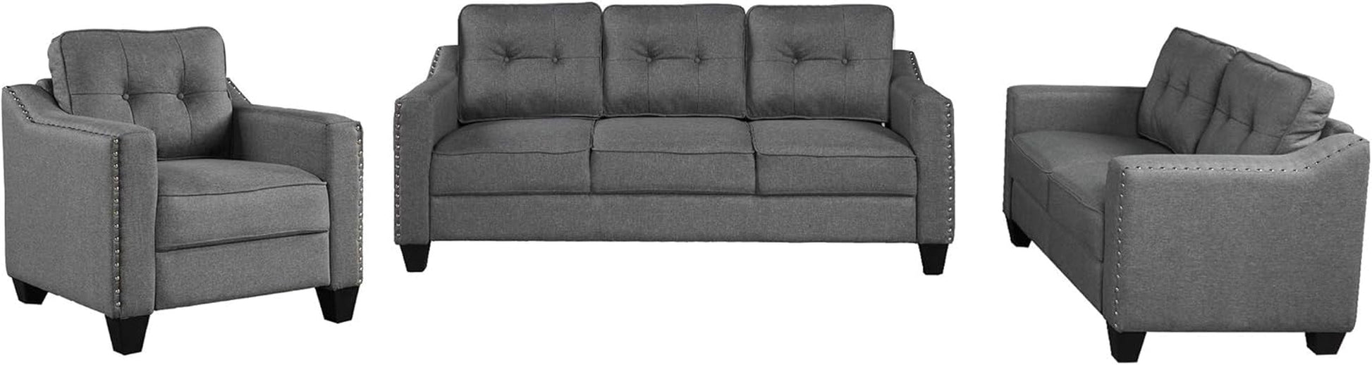 3 Piece Linen Upholstered Living Room Furniture Sets Including Three Seater Sofa & Loveseat & Single Armchair with Button Tufted Cushion Back and Nailhead Trim for Apartment/Bedroom-2